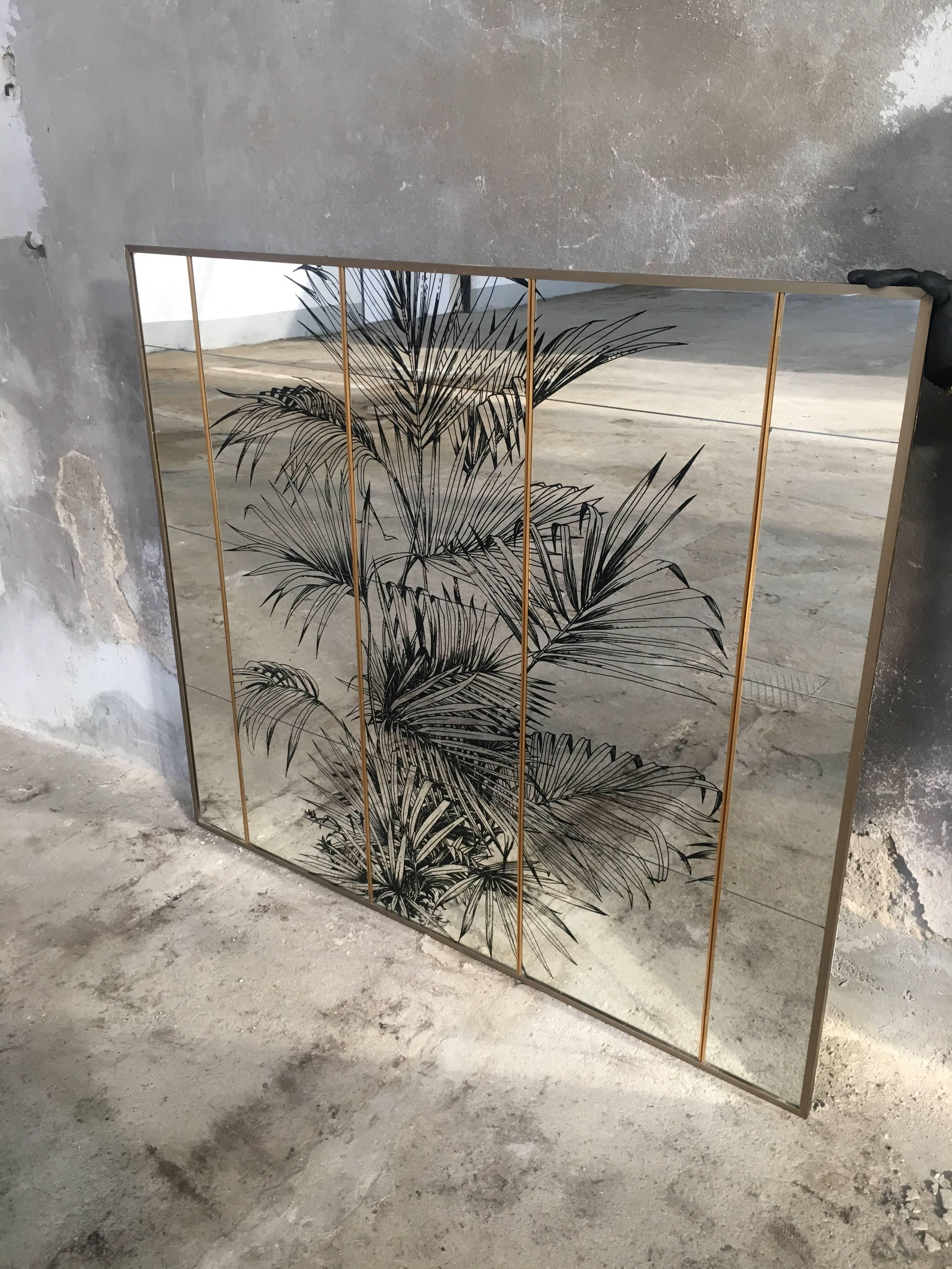 Italian Wall Mirror with Palm Tree and Brass Metal Frame from 1970s 1
