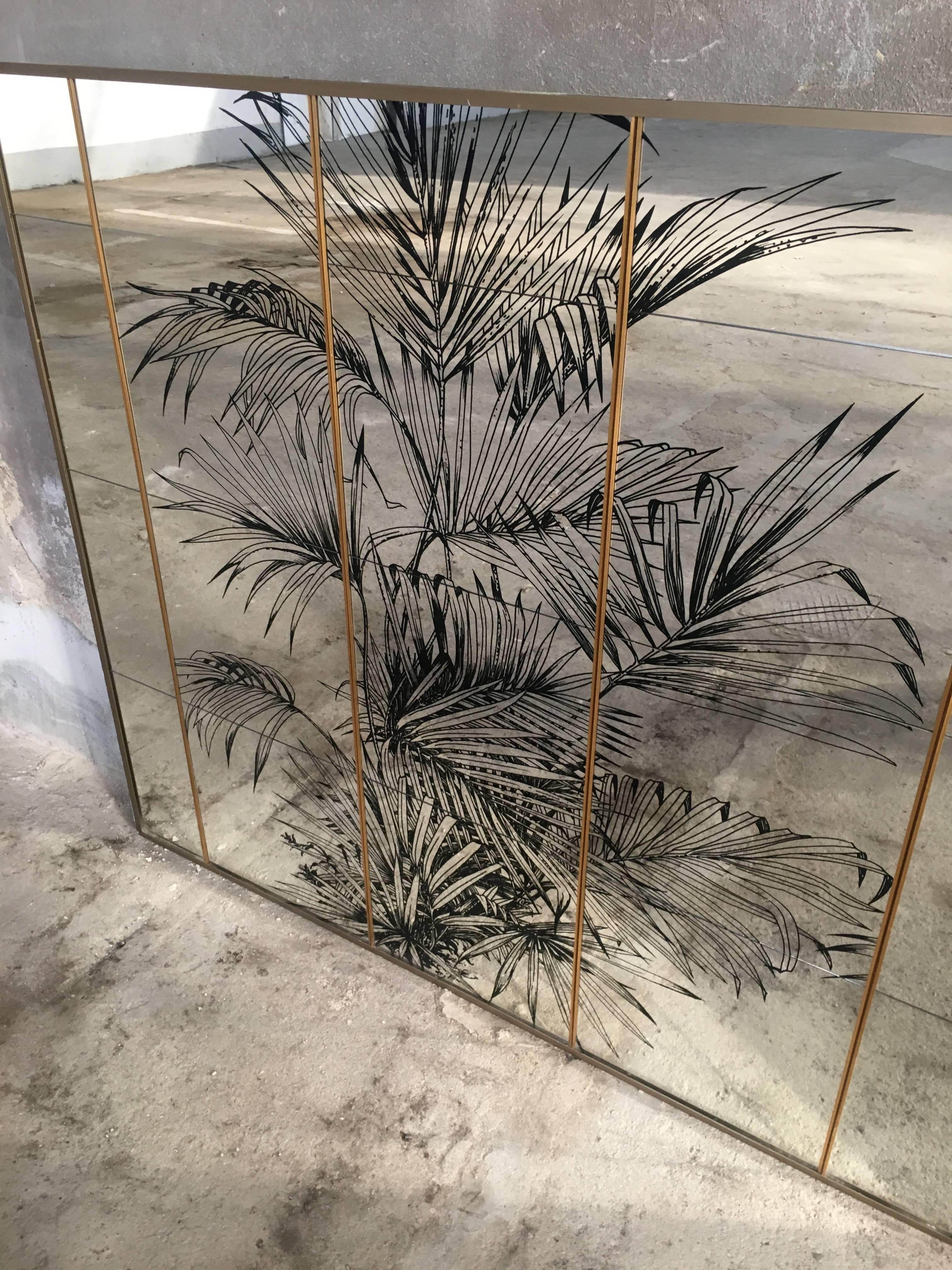 Italian Wall Mirror with Palm Tree and Brass Metal Frame from 1970s 2