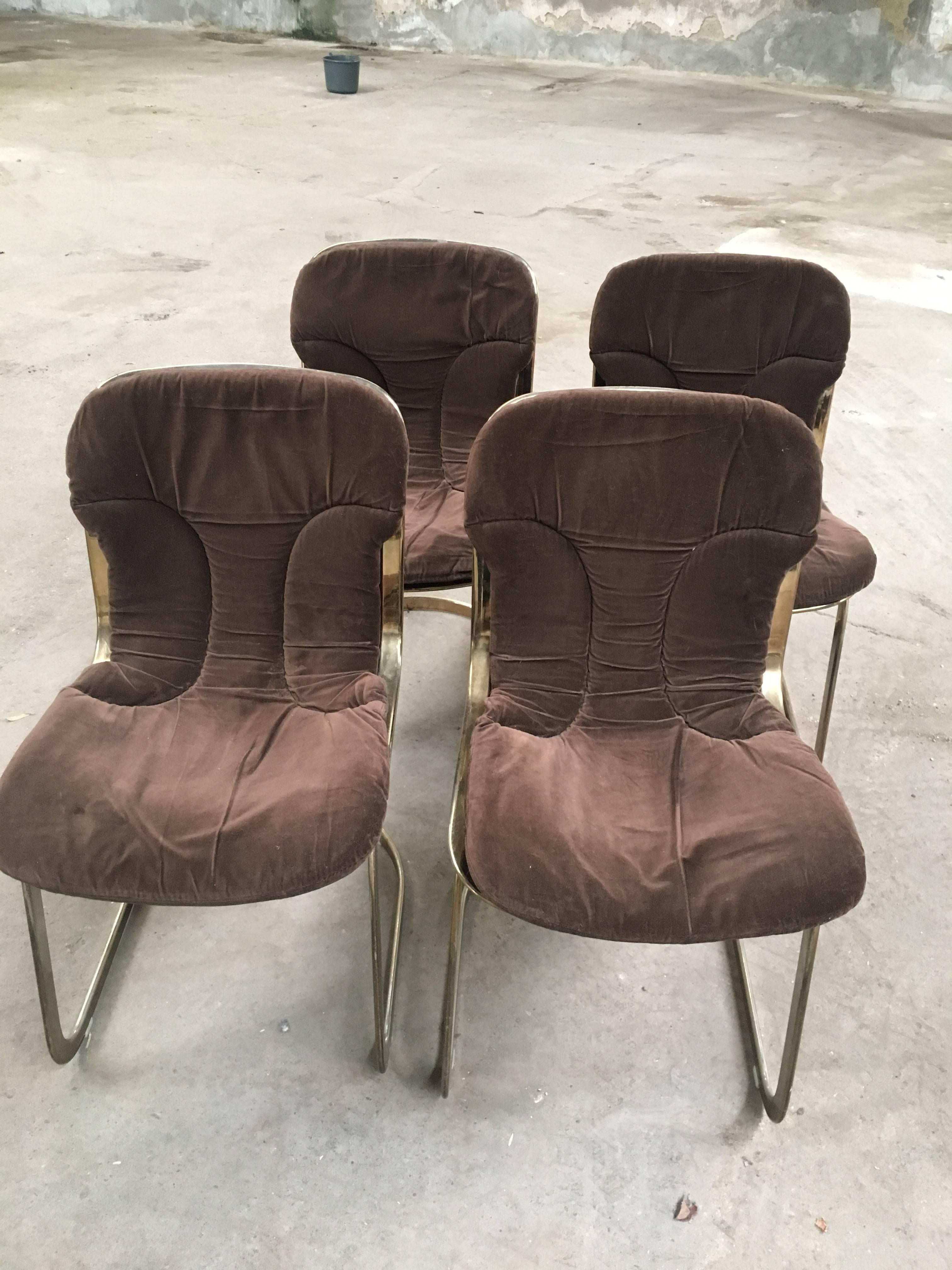 Italian set of four Cidue gilt metal chairs by Willy Rizzo with original cushions from 1970s.