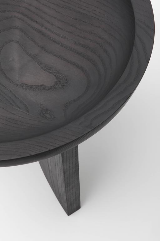 Modern Dish Solid Wood Contemporary Sculptural Carved Side Coffee Stool Table Black For Sale