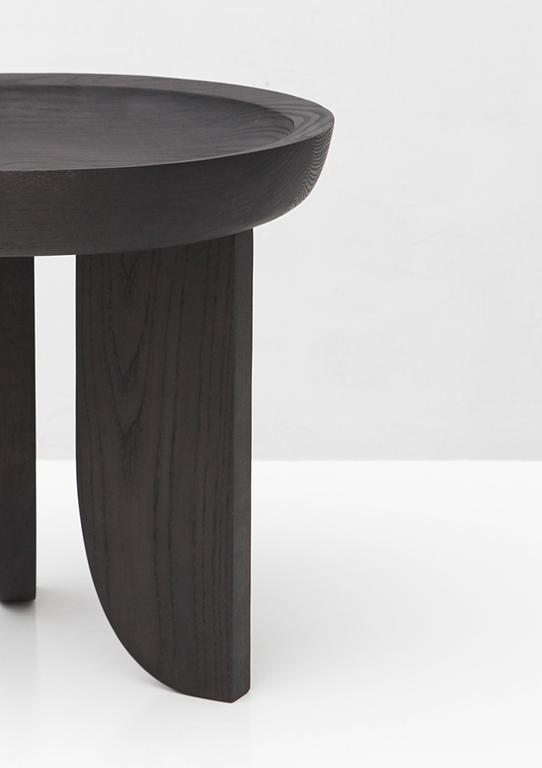 Woodwork Dish Solid Wood Contemporary Sculptural Carved Side Coffee Stool Table Black For Sale