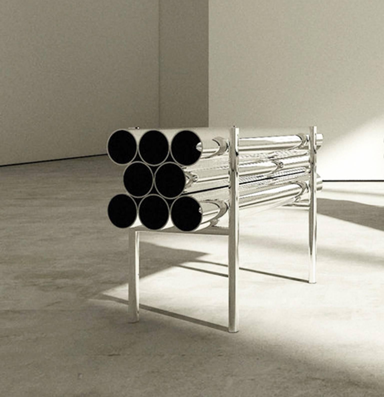 Simultaneously minimalistic and ostentatious, the short aluminium bench vaguely resembles stacks of hardware you might find at a construction site. Polished and refined, it’s the perfect statement piece that acclimates to any space, as the aluminium