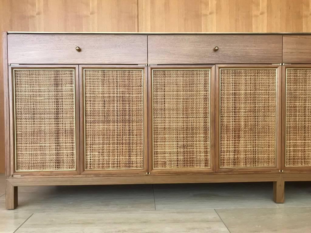 American Midcentury Inspired Handcrafted Teak Buffet with Brass Top and Details For Sale