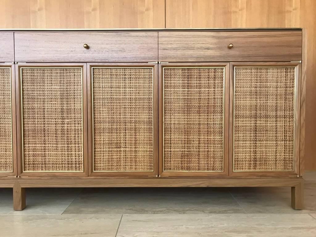 Woven Midcentury Inspired Handcrafted Teak Buffet with Brass Top and Details For Sale