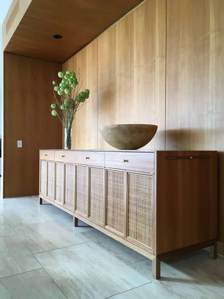 Mid-Century Modern Midcentury Inspired Handcrafted Teak Buffet with Brass Top and Details For Sale