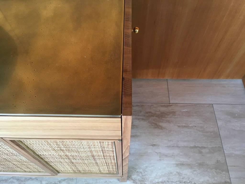 Contemporary Midcentury Inspired Handcrafted Teak Buffet with Brass Top and Details For Sale