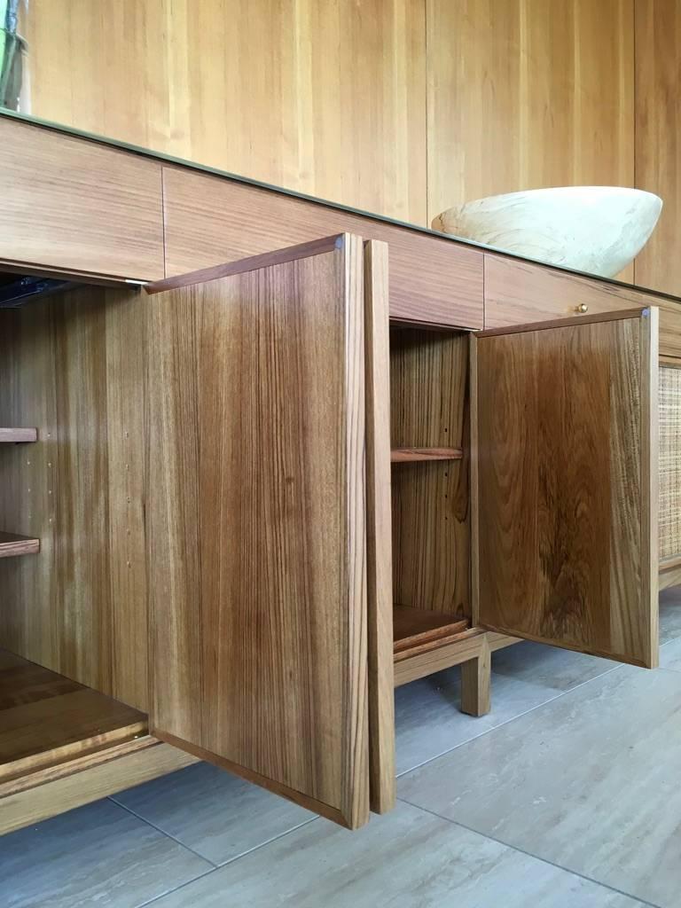 Midcentury Inspired Handcrafted Teak Buffet with Brass Top and Details For Sale 2