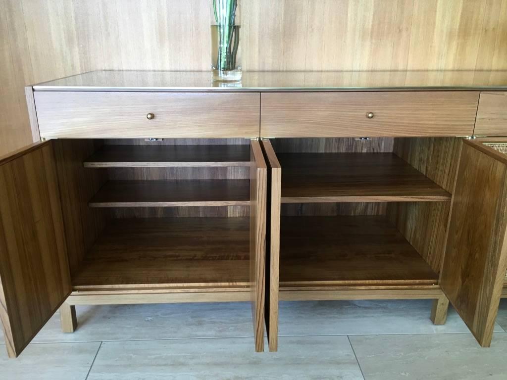 Midcentury Inspired Handcrafted Teak Buffet with Brass Top and Details For Sale 3