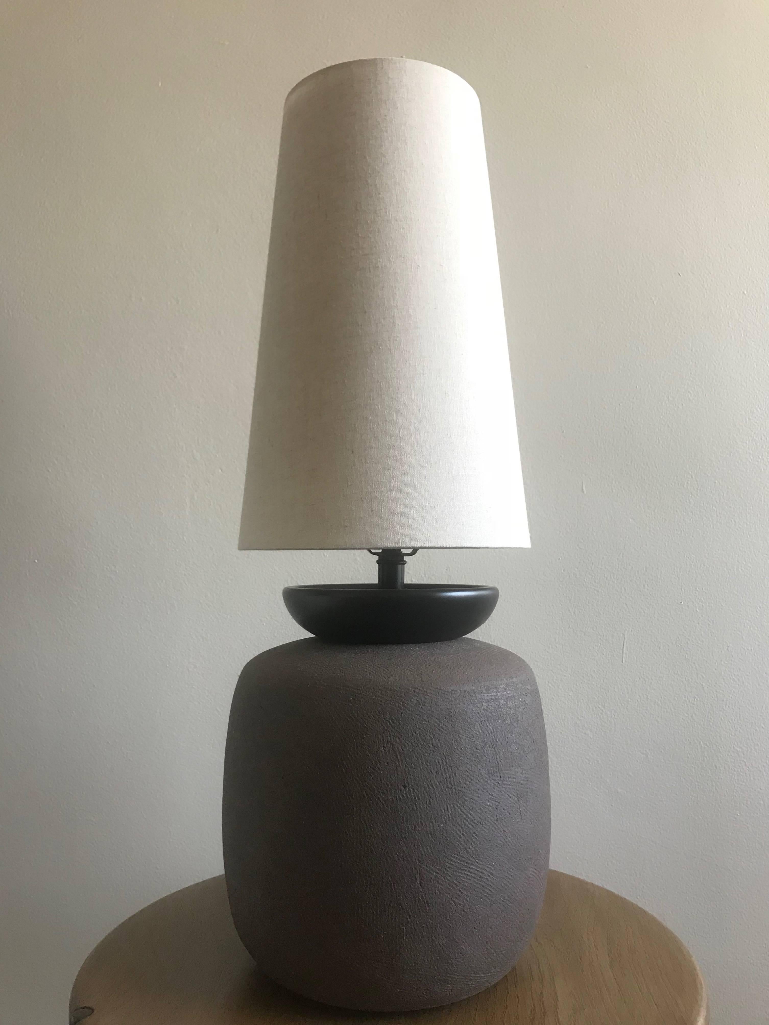 'Gnome' Lamp, Handcrafted Ceramic Base with Lacquered Detail and Linen Shade In New Condition For Sale In Beverly Hills, CA