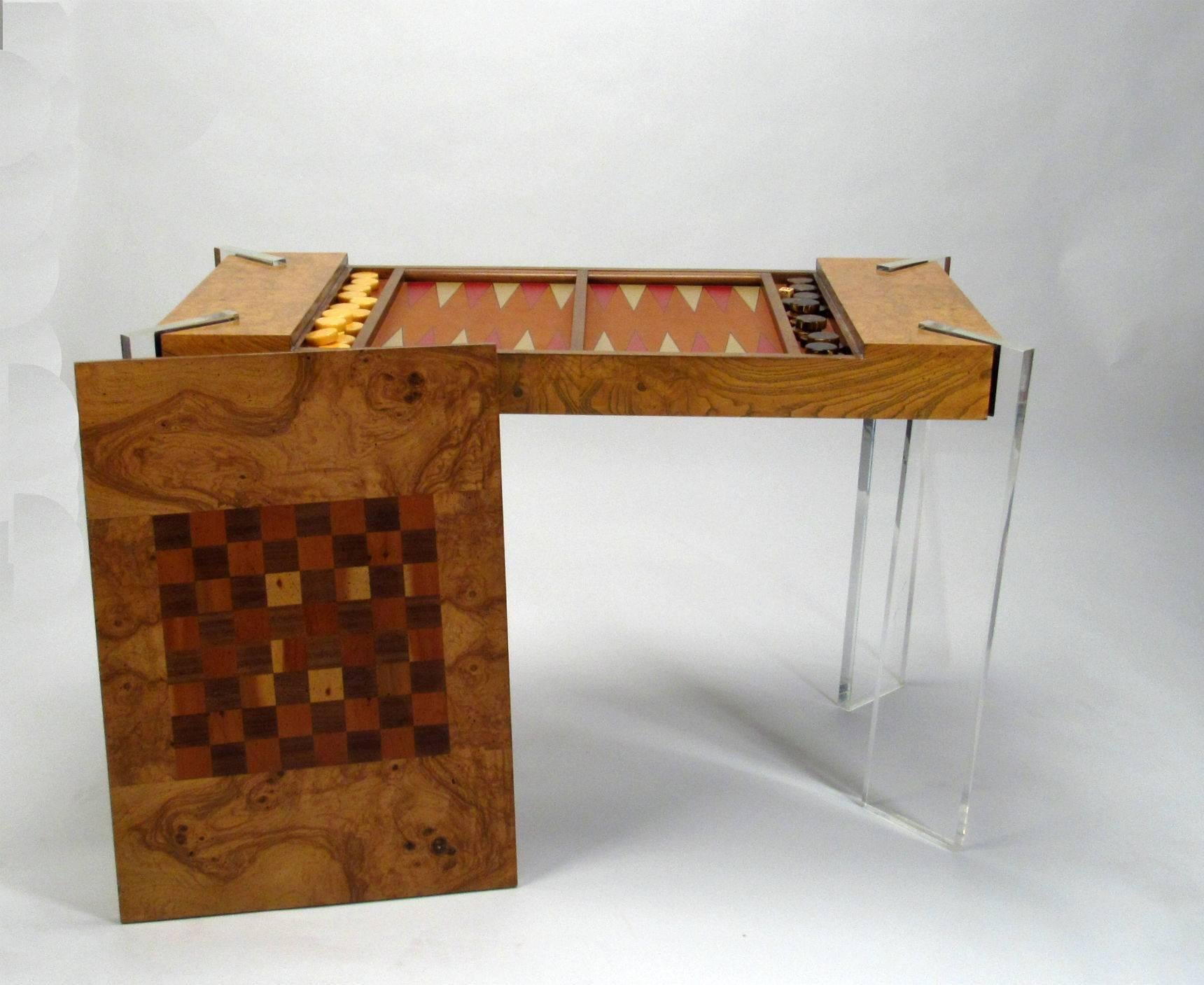 Mid-Century Modern Burled Olive & Lucite Game Table by Vladimir Kagan