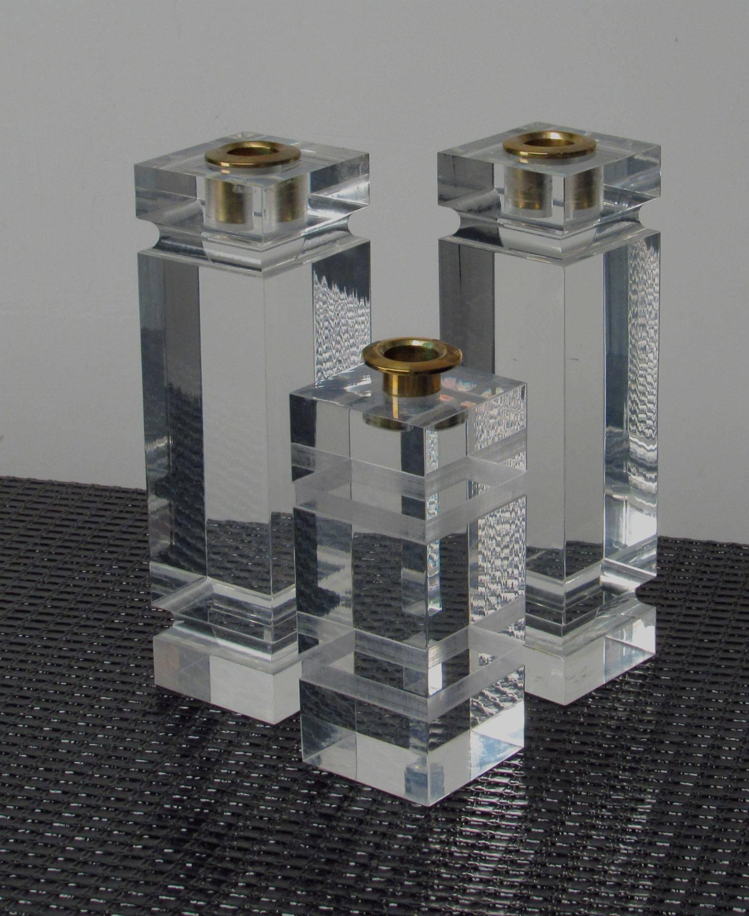 Mid-Century Modern Set of Lucite & Brass Candle Holders in the style of Charles Hollis Jones For Sale