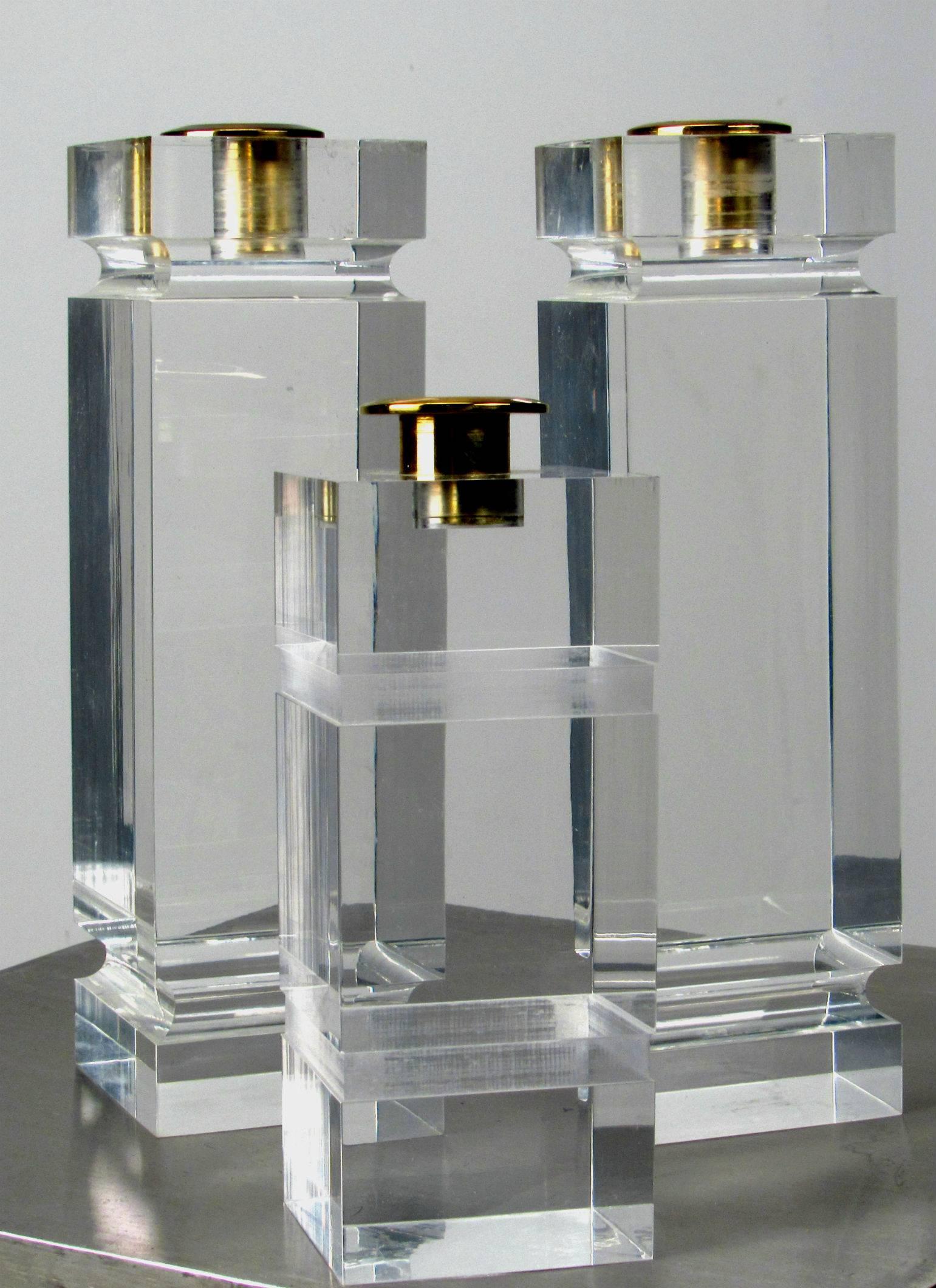 American Set of Lucite & Brass Candle Holders in the style of Charles Hollis Jones For Sale