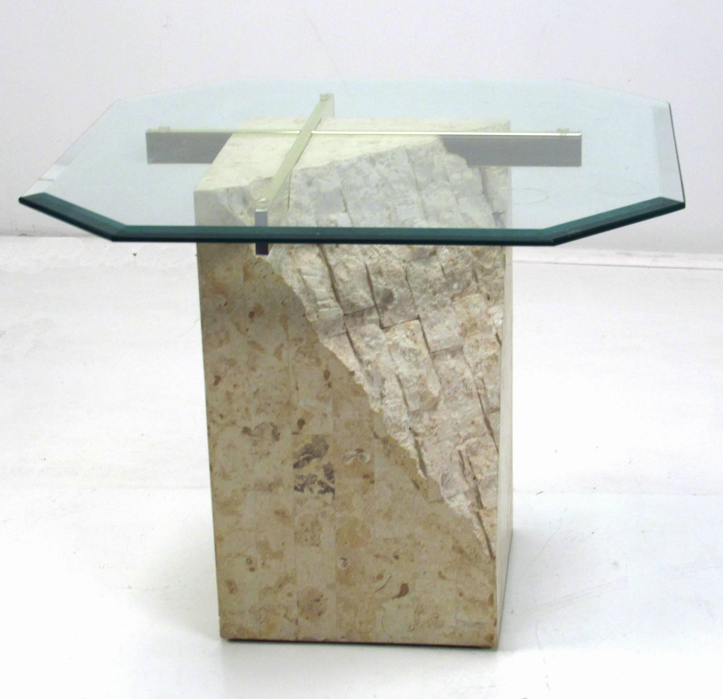 Italian travertine and brass with glass top occasional table by Artedi. Original thick beveled glass top.