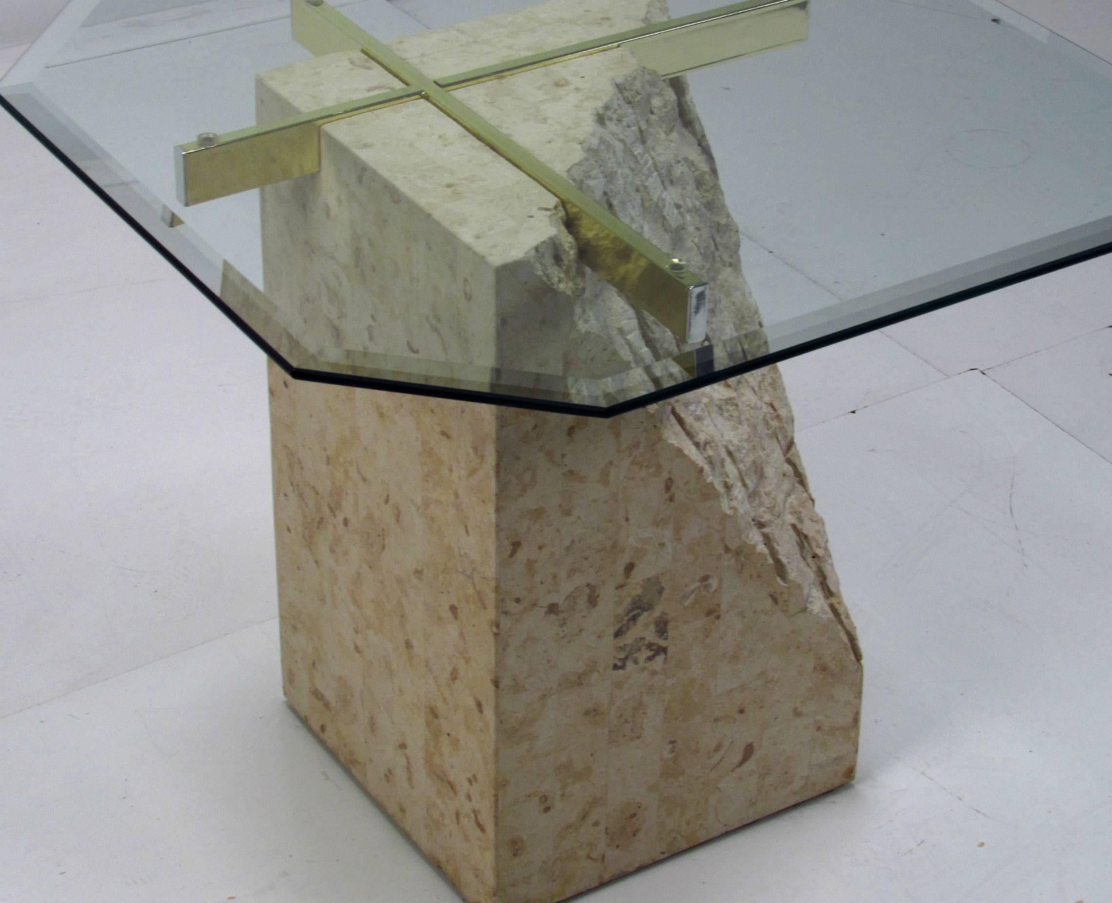 Italian Travertine and Brass Occasional Table with Glass Top by Artedi In Good Condition For Sale In Surprise, AZ