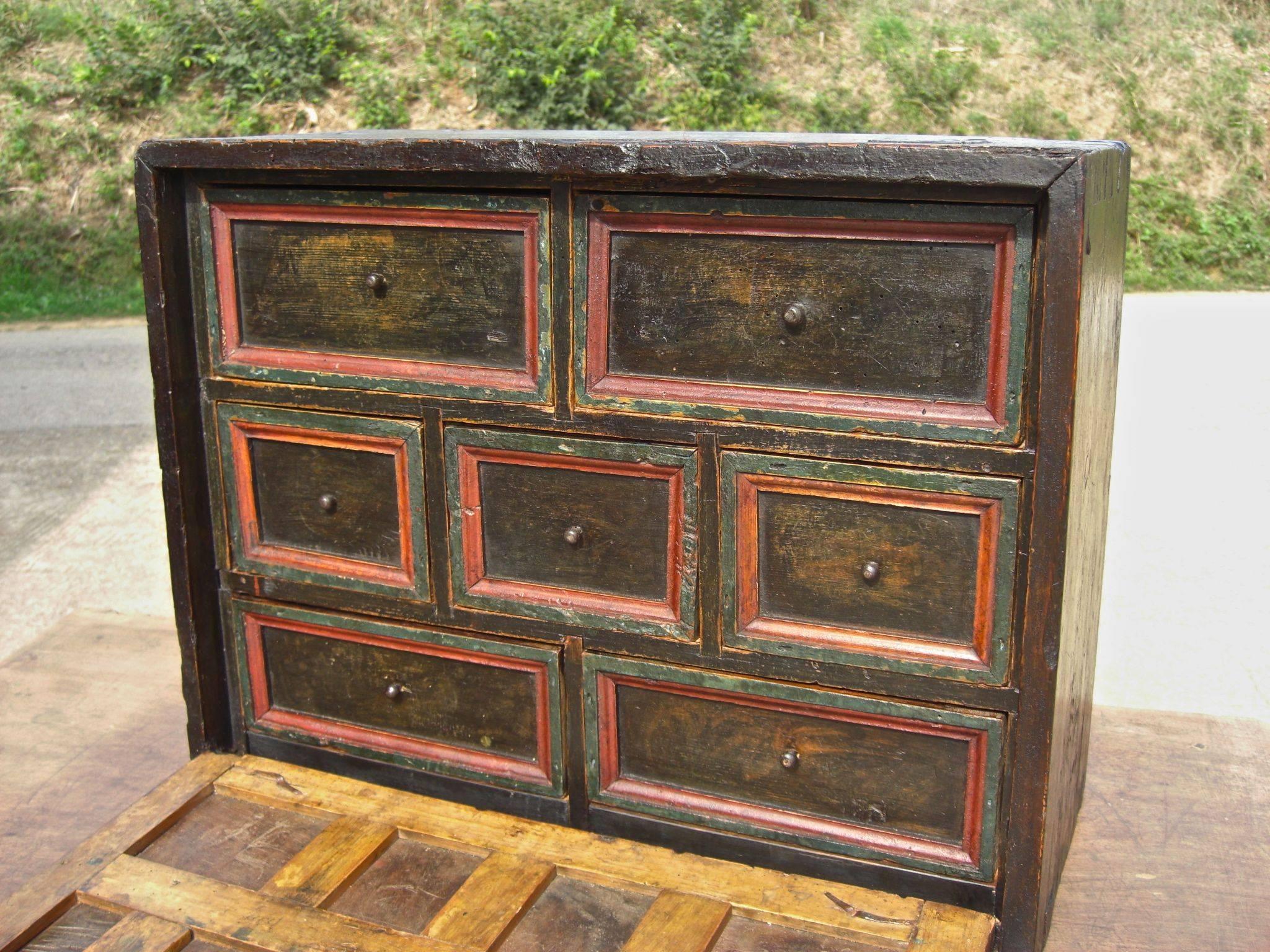 Inlay Late 18th Century Spanish Pine and Walnut Seven-Drawer “Vargueño” For Sale