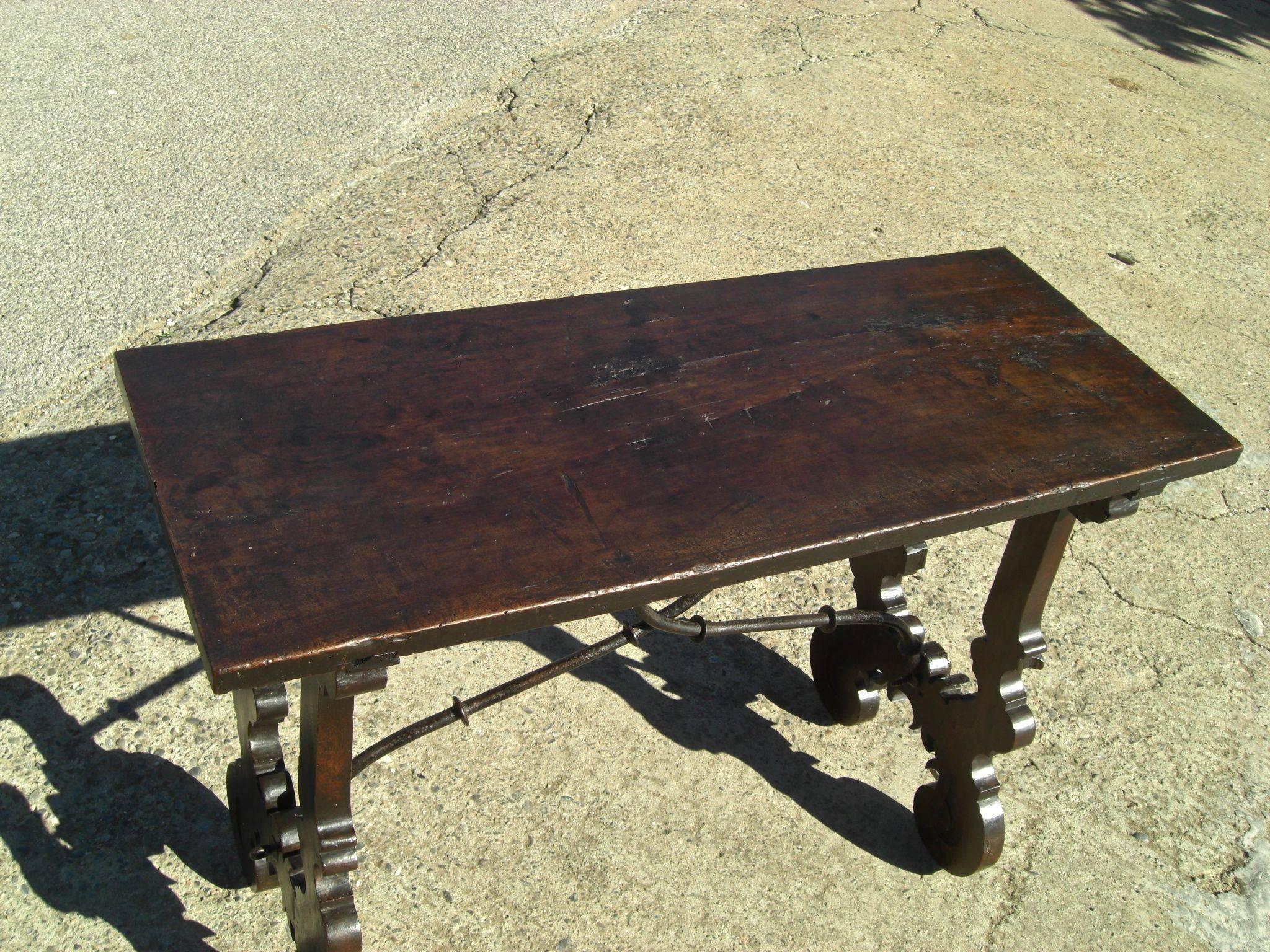 Baroque Late 17th-Early 18th Century Walnut Lyre Leg Table with Iron Stretchers