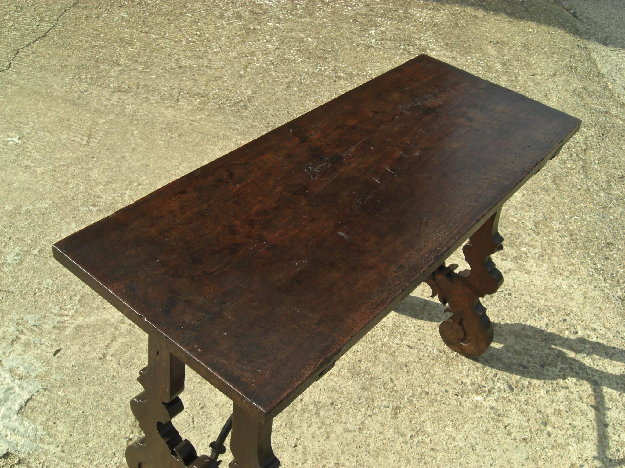 17th Century Late 17th-Early 18th Century Walnut Lyre Leg Table with Iron Stretchers