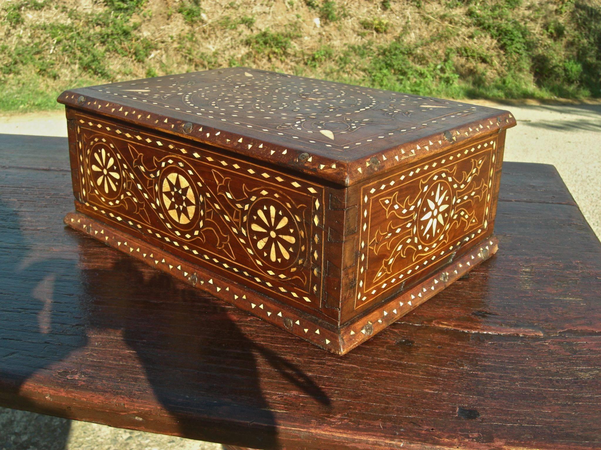 Moorish 19th Century Inlaid Spanish Tabletop Box, Walnut and Chestnut