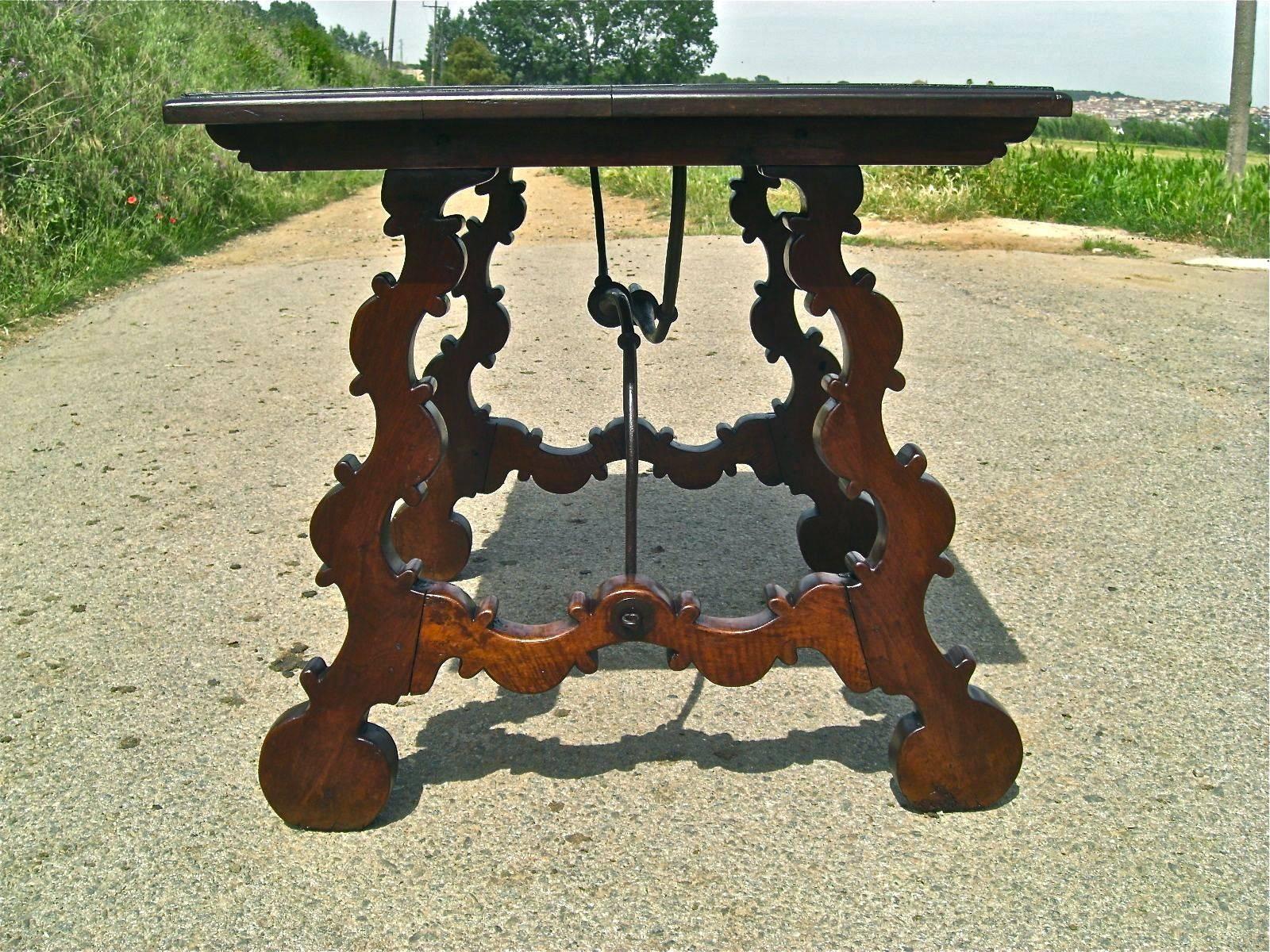 Spanish Early 19th Century Scalloped Walnut Lyre Leg Table with Iron Stretchers