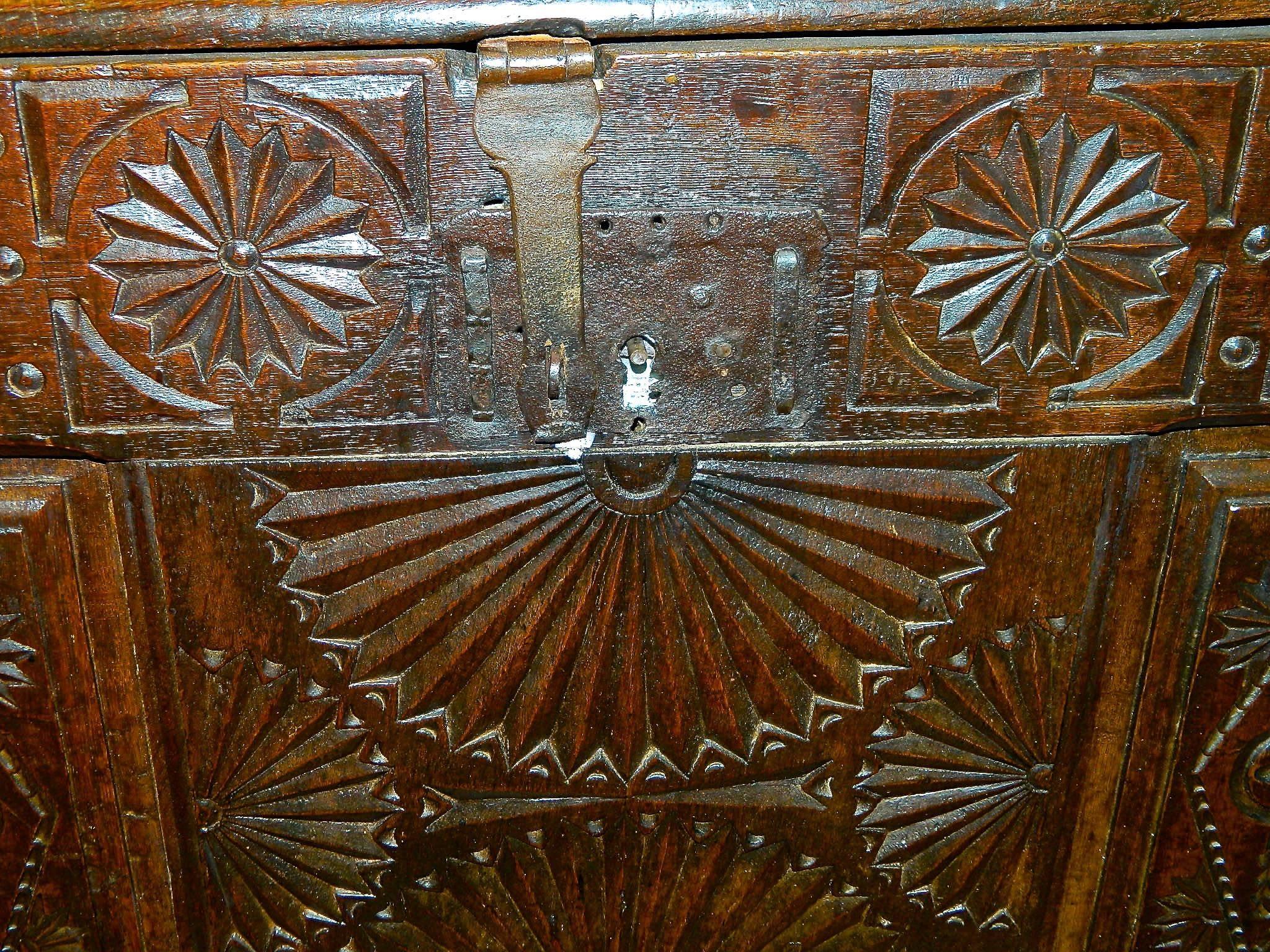 Rustic Early to Mid-17th Century Carved Spanish Basque Arms Chest, Oak