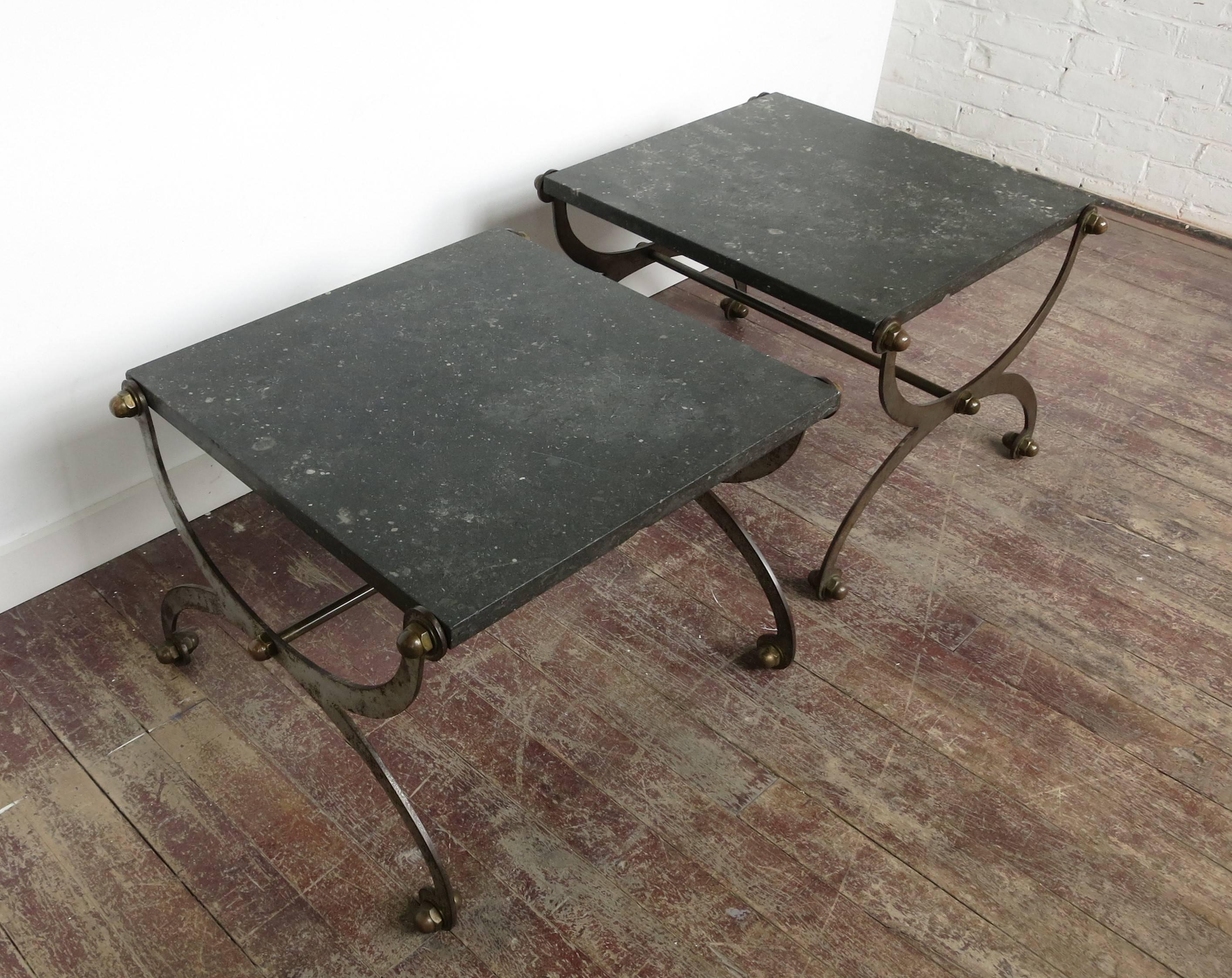 Pair of brushed steel, brass and marble-topped end tables. French from the 1970s. Great decorator pieces. The tables are 24