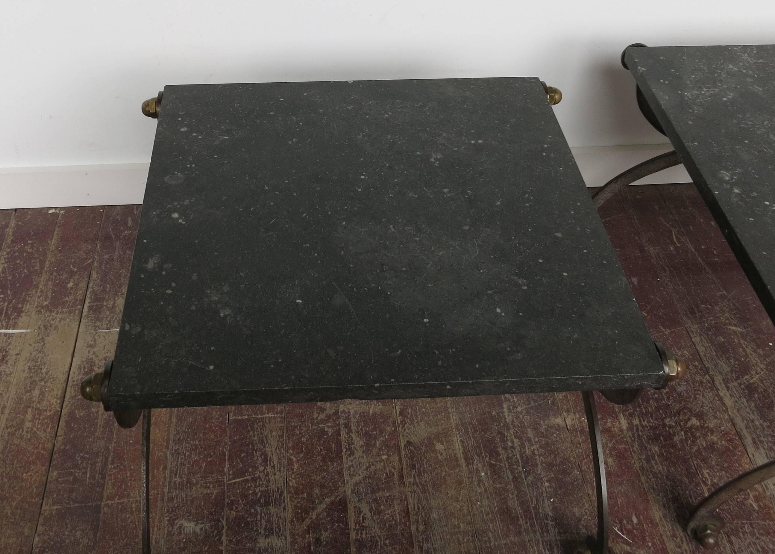 Classical Roman French Industrial X Based Steel Brass and Marble End Tables 