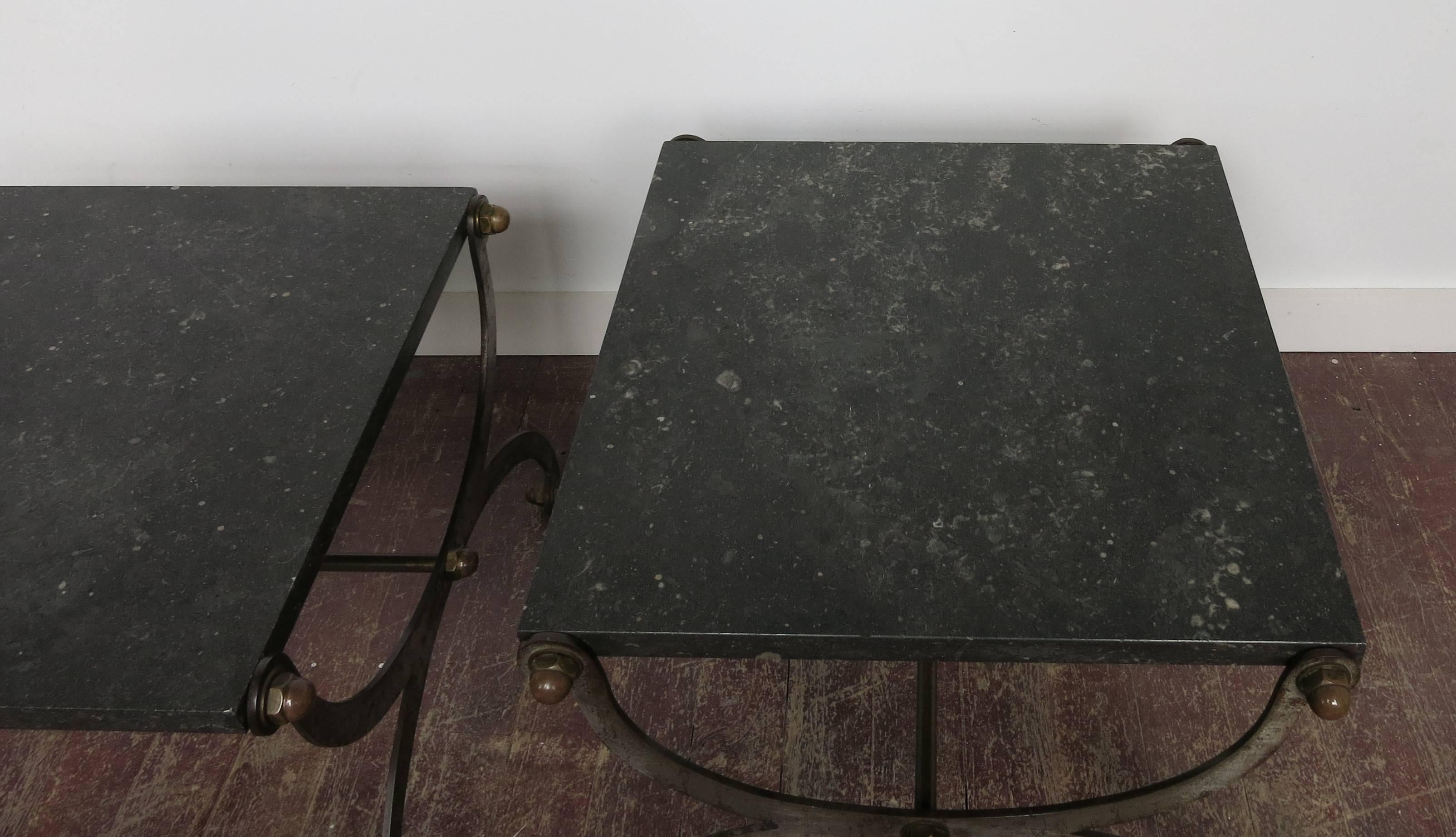 French Industrial X Based Steel Brass and Marble End Tables  In Good Condition In Newtown, CT