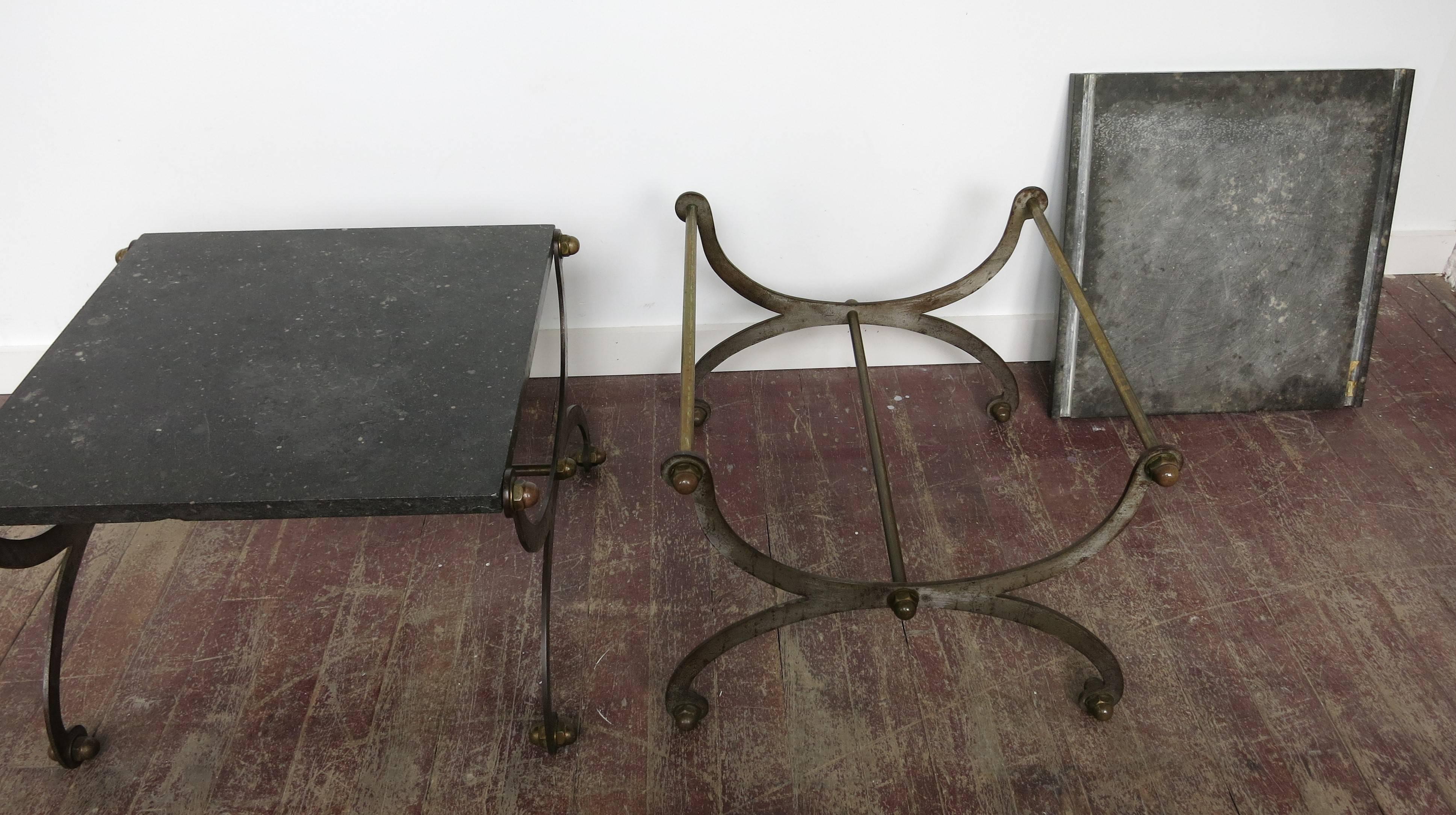 Late 20th Century French Industrial X Based Steel Brass and Marble End Tables 