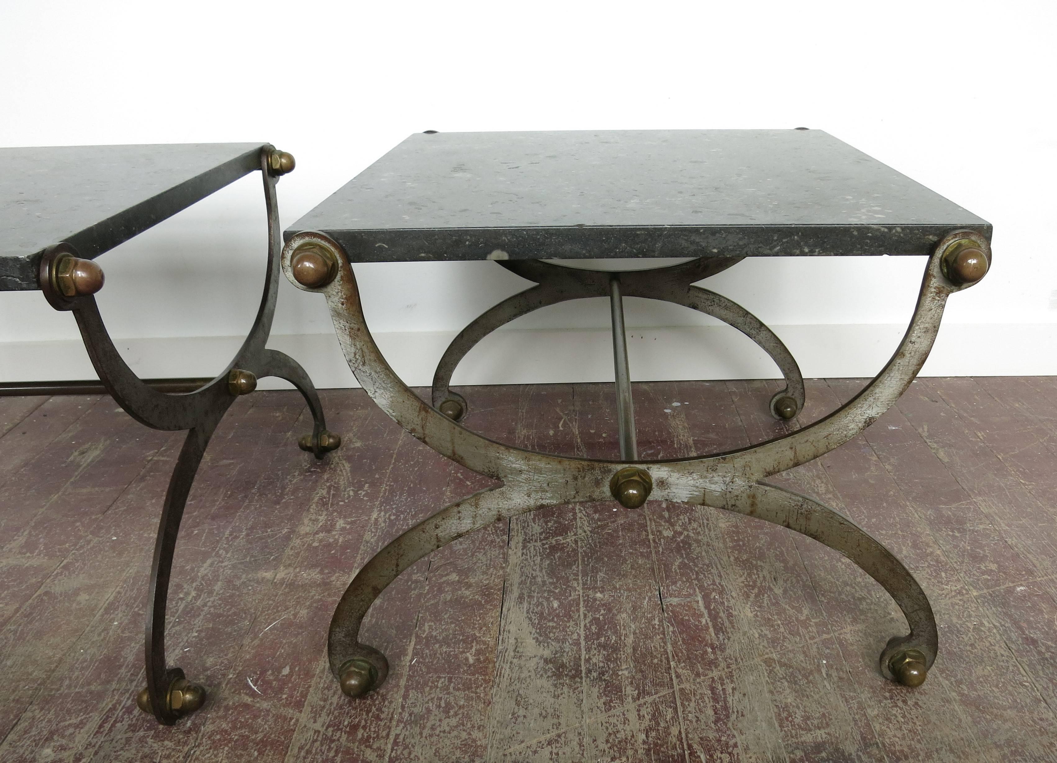 French Industrial X Based Steel Brass and Marble End Tables  1