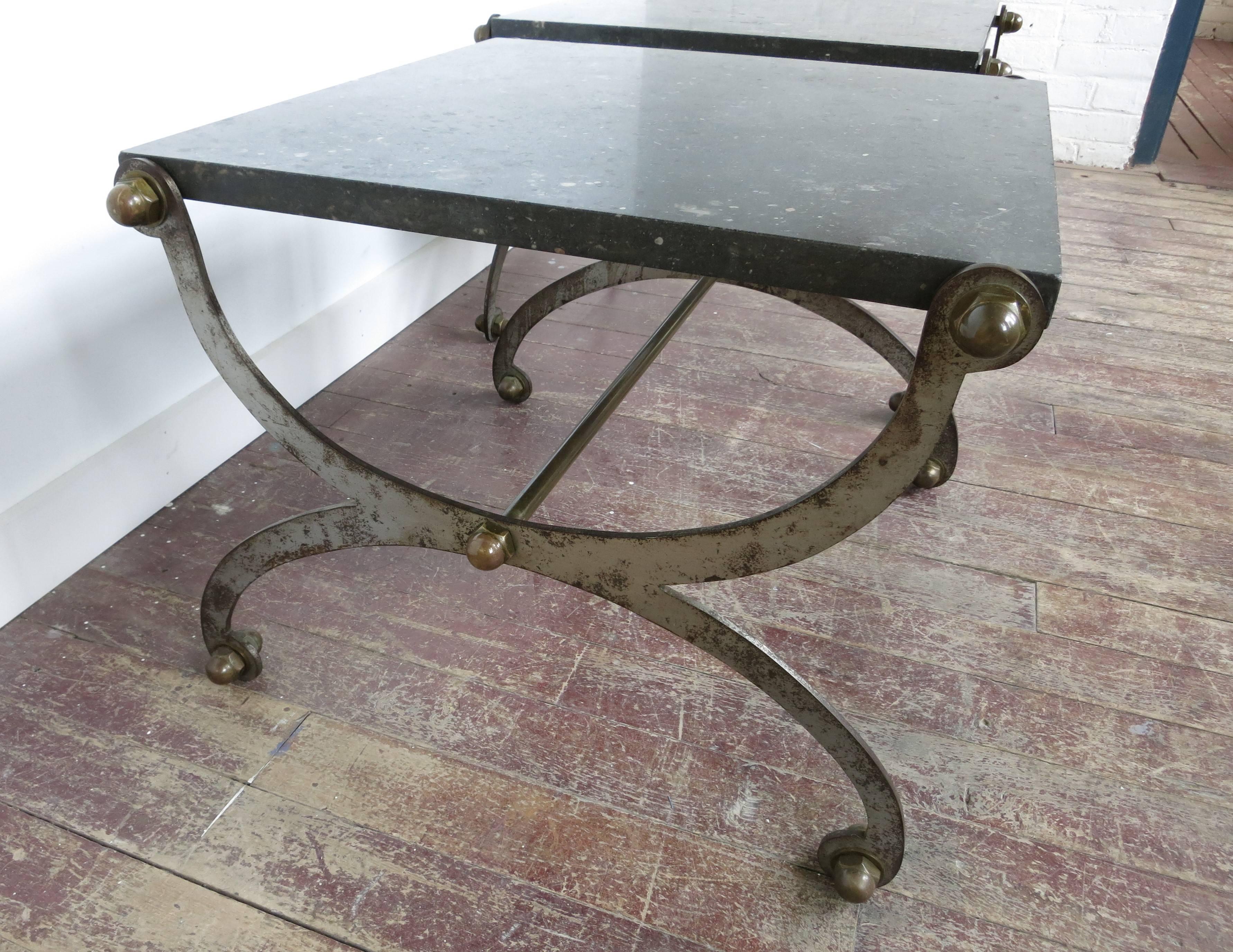 French Industrial X Based Steel Brass and Marble End Tables  2