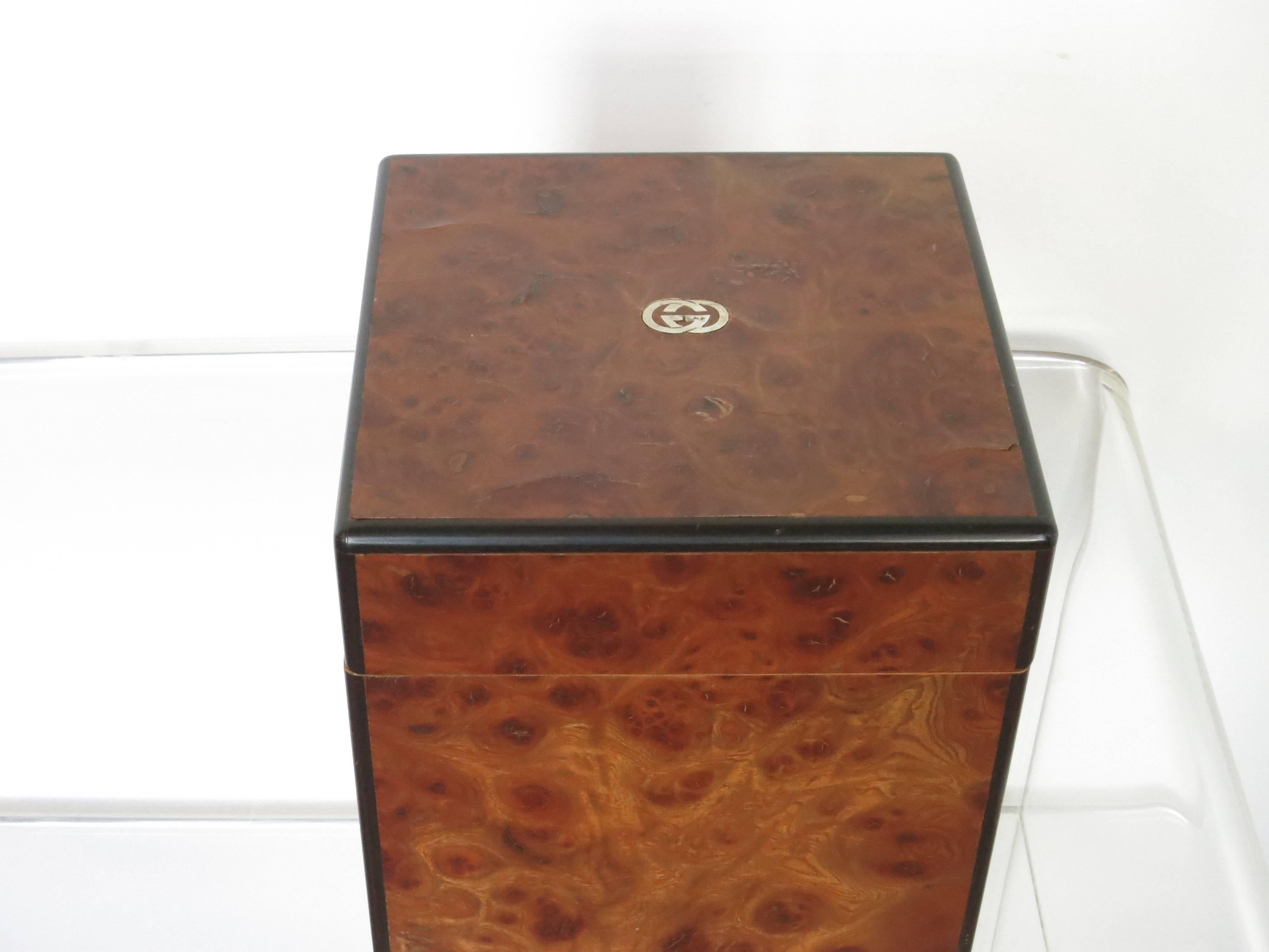 Vintage 1980s Gucci burl wood ice bucket. Very clean with some lifting to the burl veneer on the top. It is 7.5