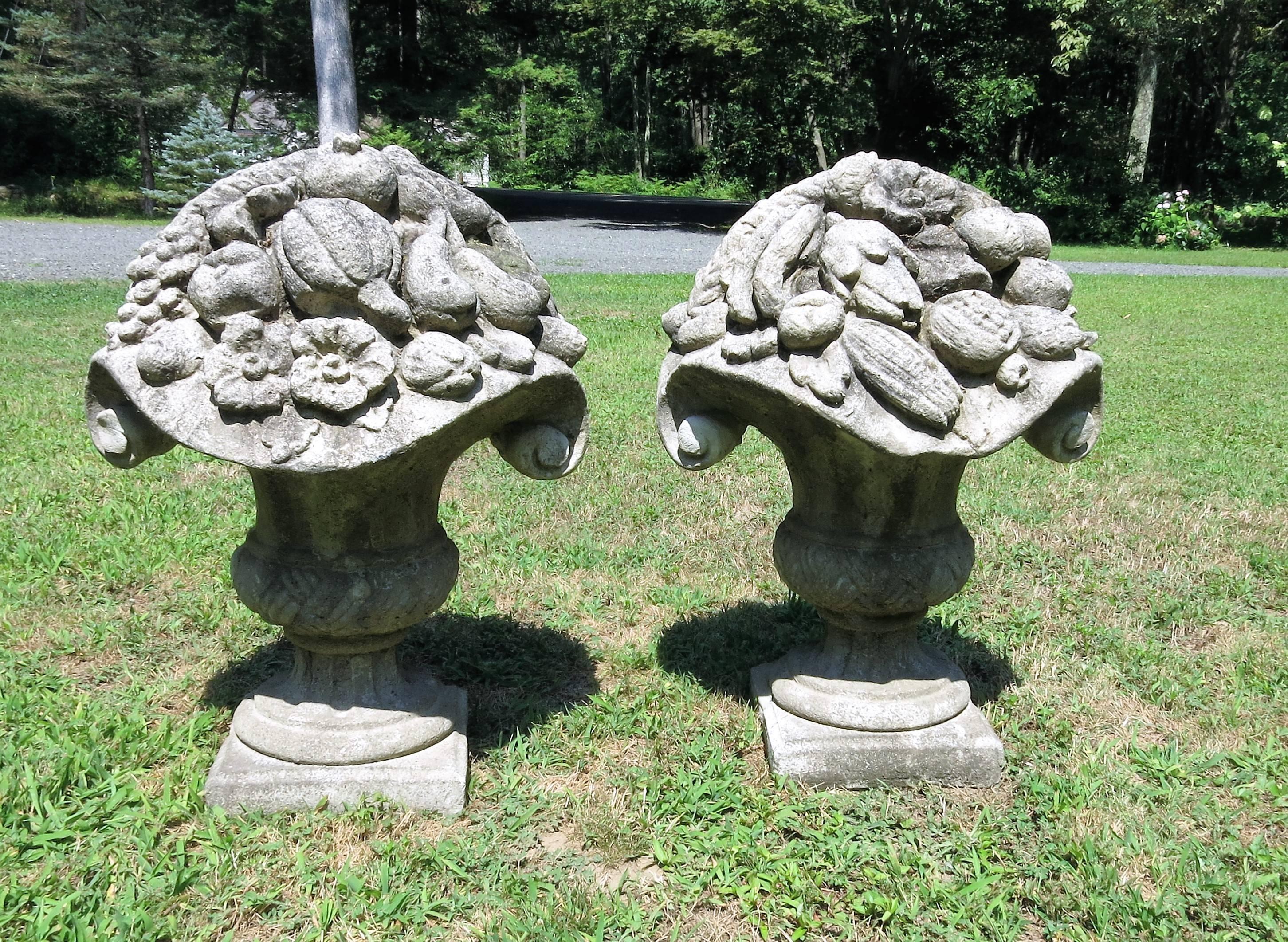 Other Pair of Vintage Cast Stone Baskets of Fruit For Sale
