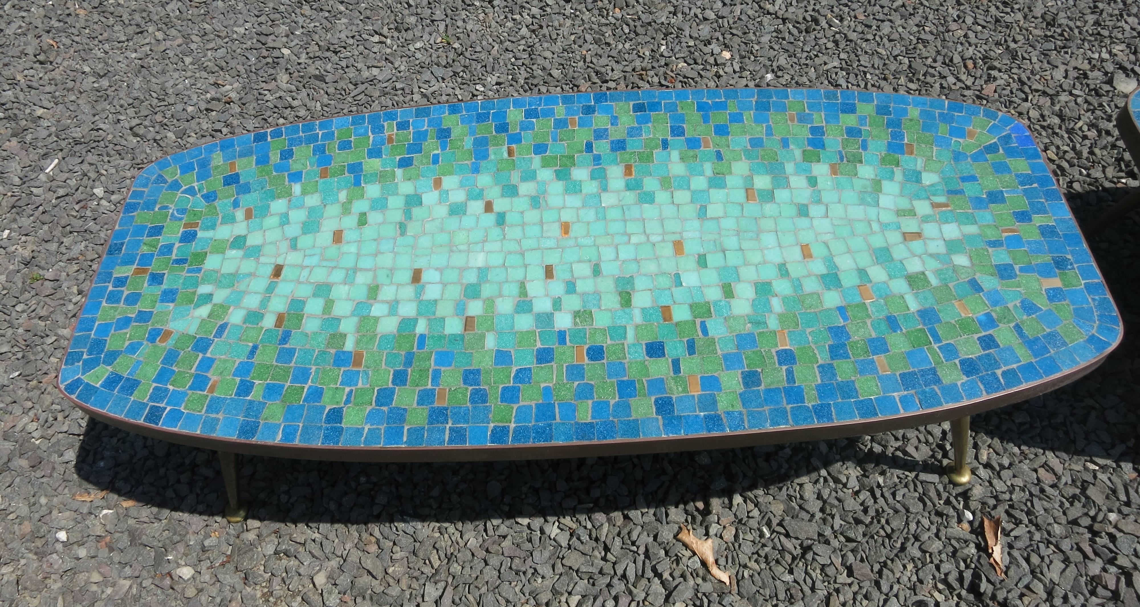 Mid-Century Modern Pair of Italian Mid-Century Mosaic Glass Tile Top and Brass Tables