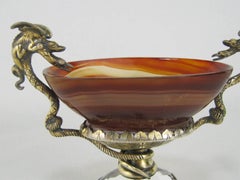Silver Mounted Agate Pedestal Dish with Serpents and Frogs Antique Salt Cellar