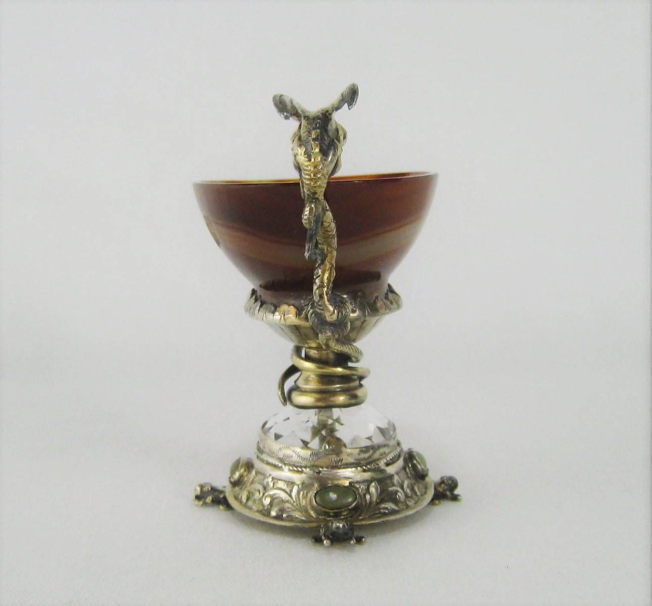 Victorian Silver Mounted Agate Pedestal Dish with Serpents and Frogs Antique Salt Cellar For Sale