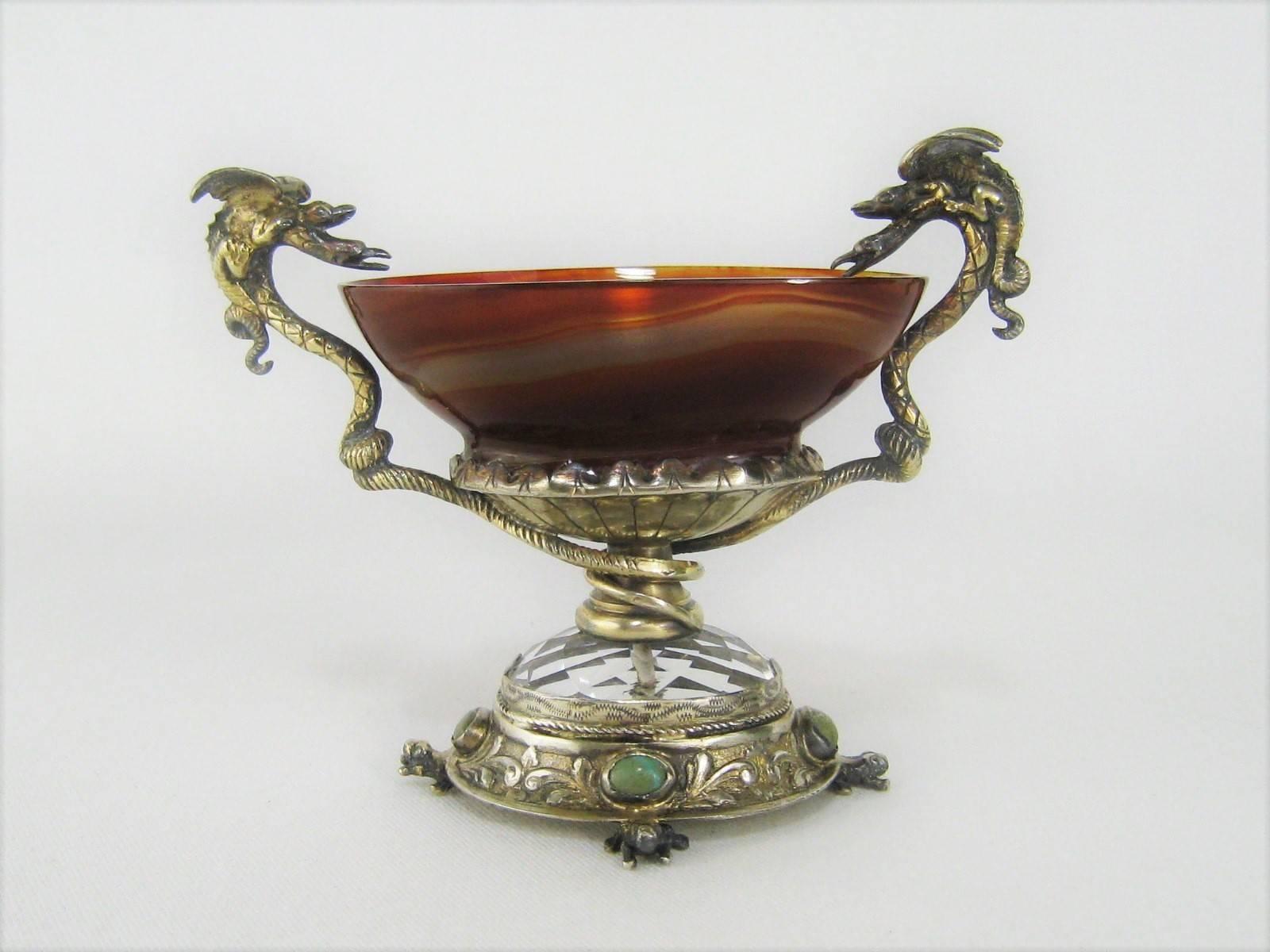 German Silver Mounted Agate Pedestal Dish with Serpents and Frogs Antique Salt Cellar For Sale