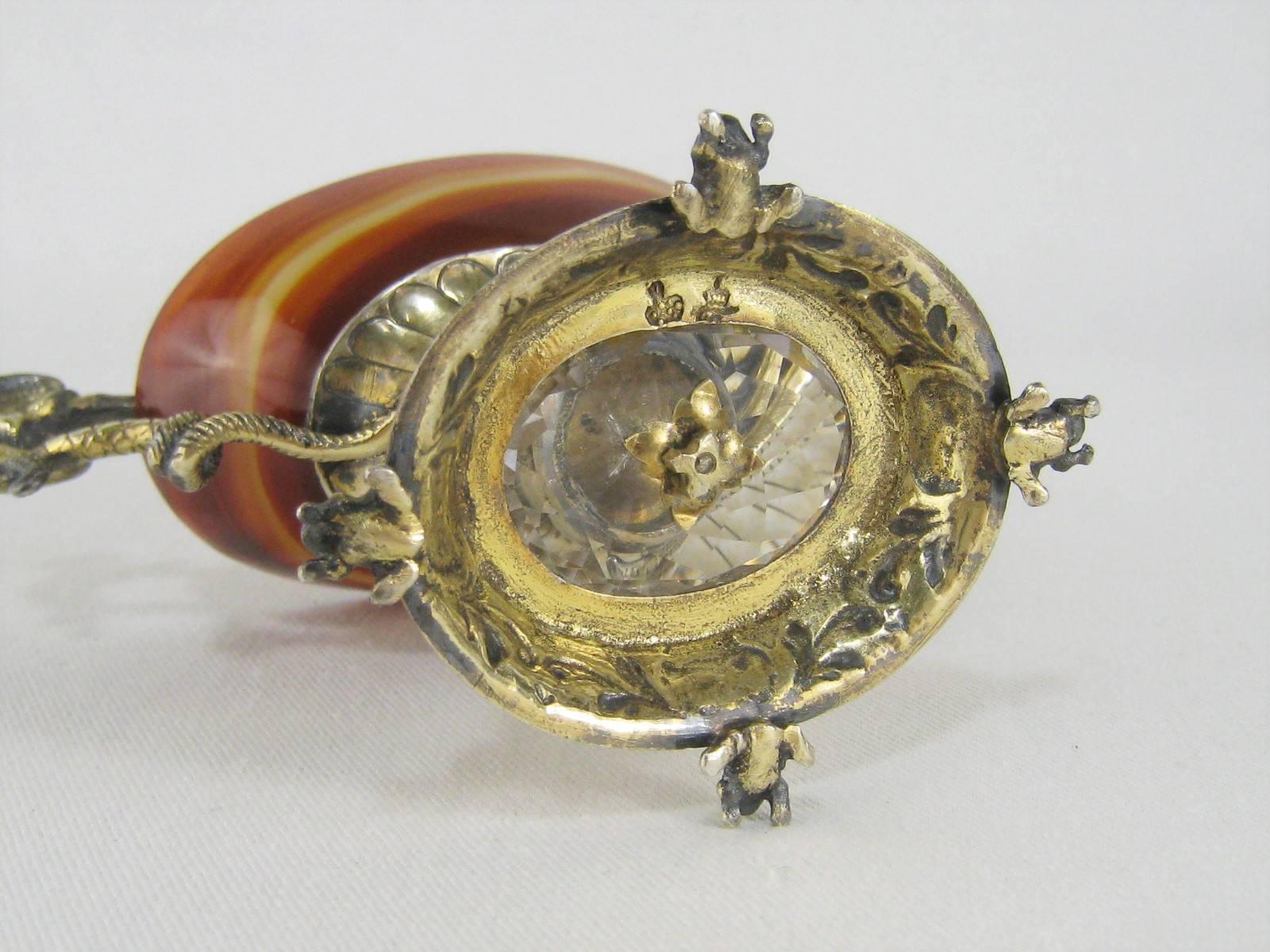 Early 20th Century Silver Mounted Agate Pedestal Dish with Serpents and Frogs Antique Salt Cellar For Sale