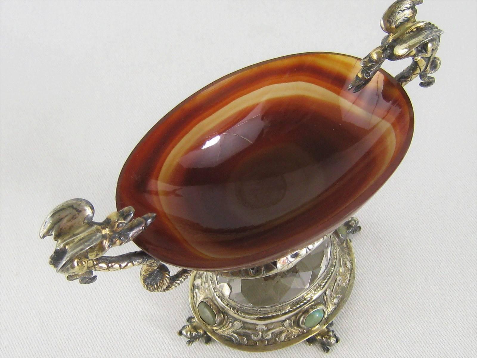 Silver Mounted Agate Pedestal Dish with Serpents and Frogs Antique Salt Cellar For Sale 1