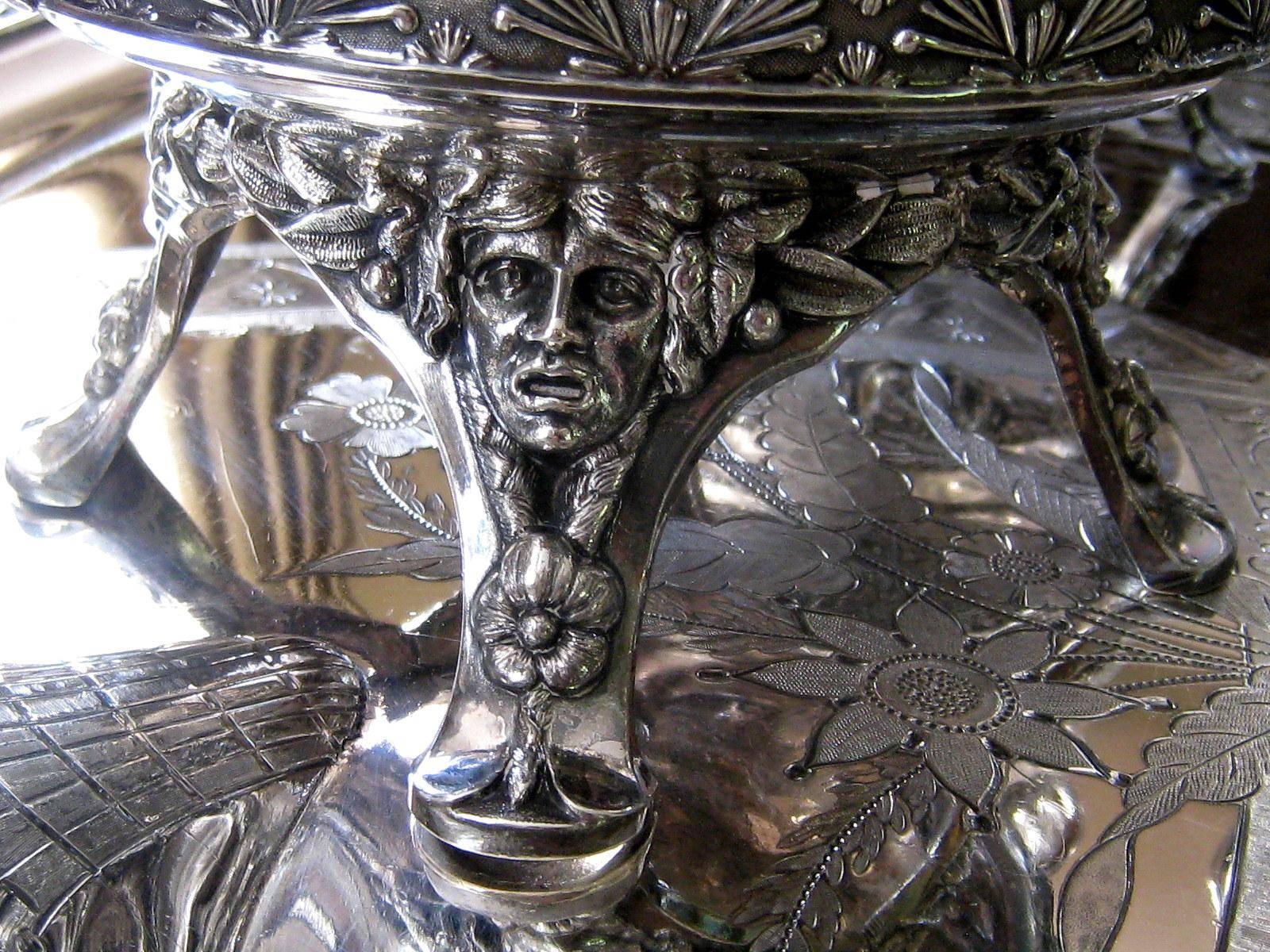 Aesthetic Movement Victorian Aesthetic Silver Plate Tea Set & Tray, circa 1878, Antique Meridan B. For Sale