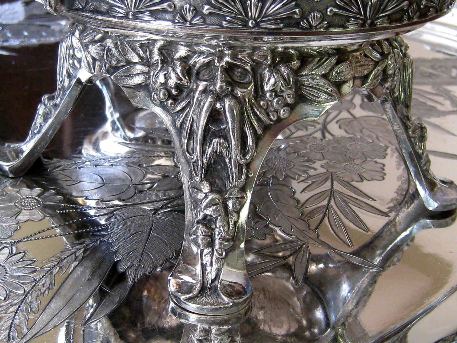 American Victorian Aesthetic Silver Plate Tea Set & Tray, circa 1878, Antique Meridan B. For Sale