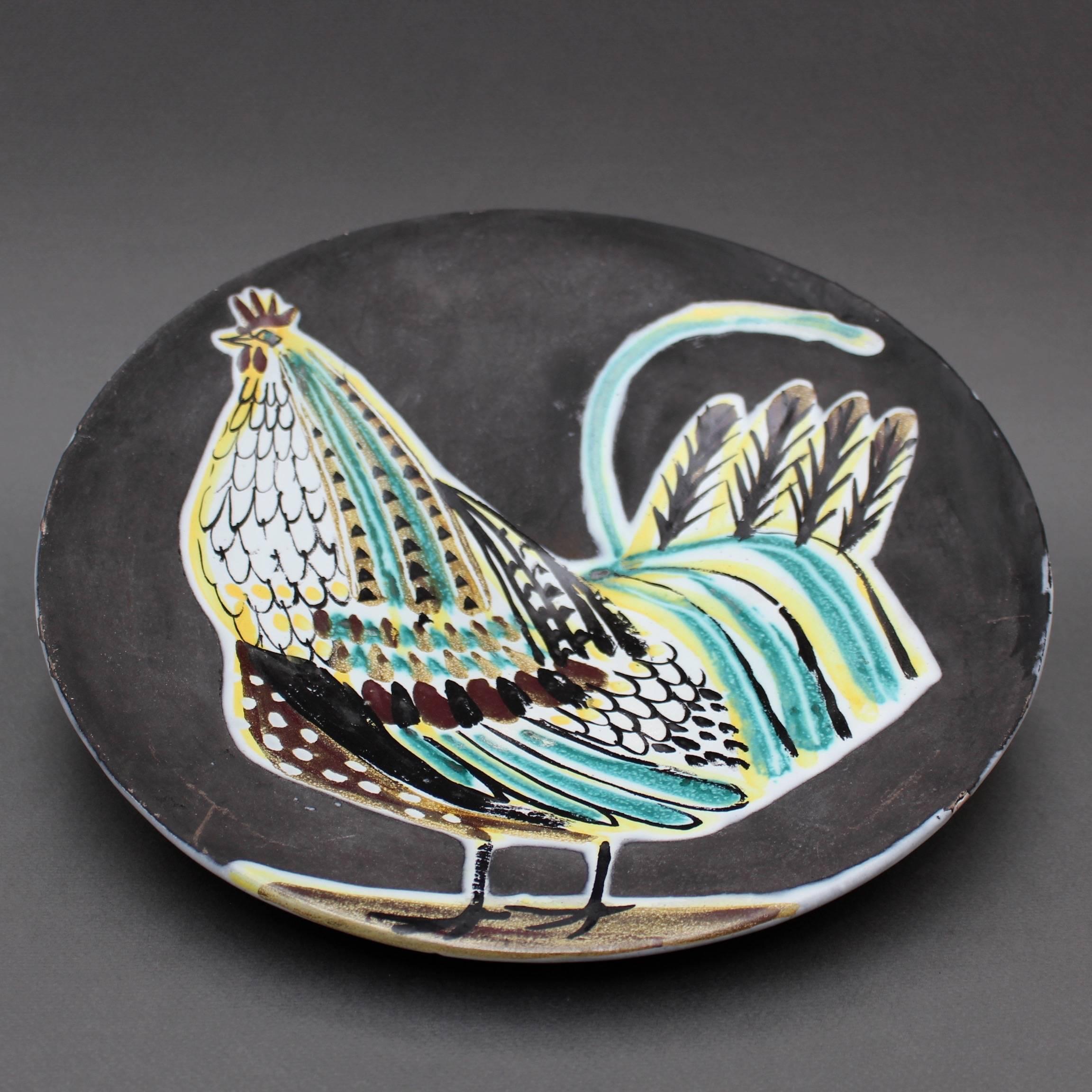 Mid-20th Century Midcentury Black Ceramic Coq Plate by Roger Capron Vallauris, 1950s