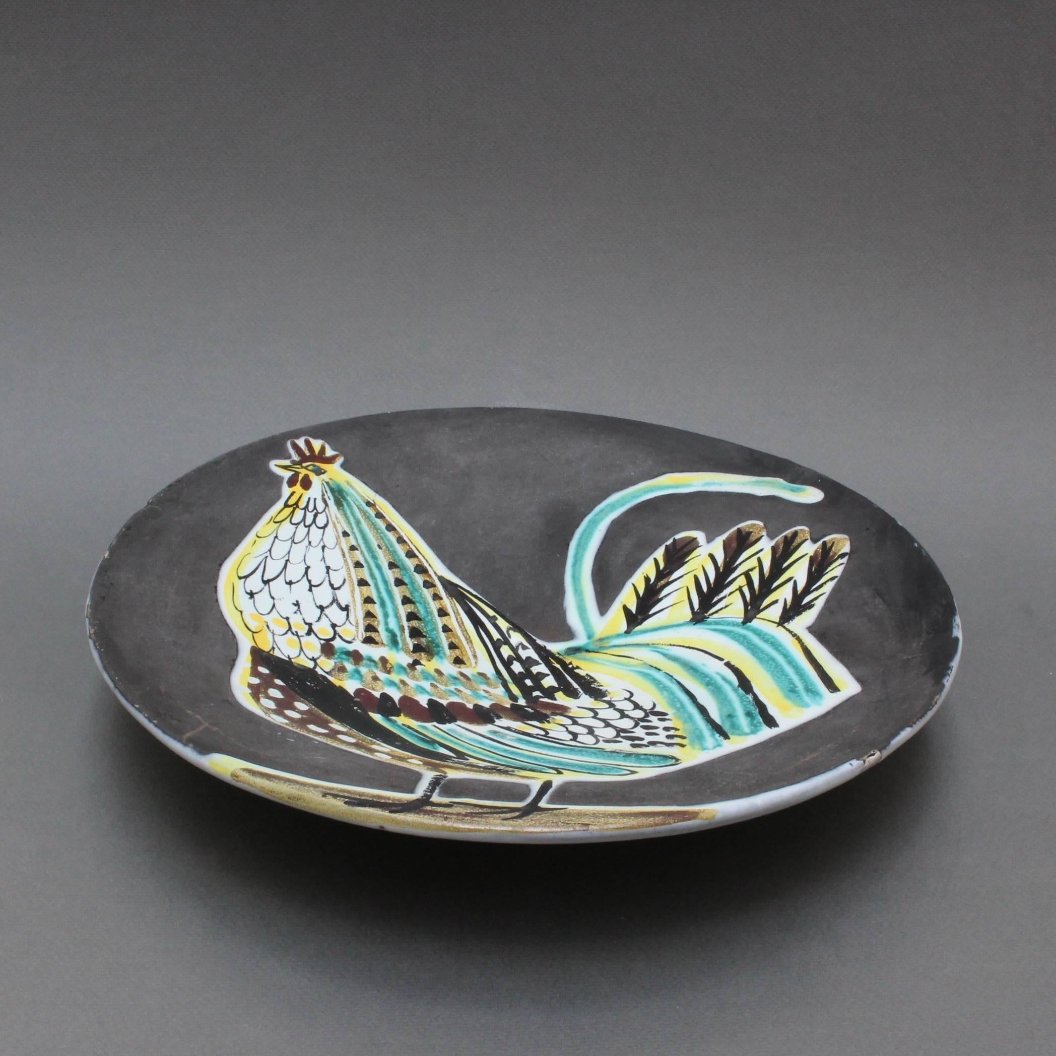 Midcentury Black Ceramic Coq Plate by Roger Capron Vallauris, 1950s 1