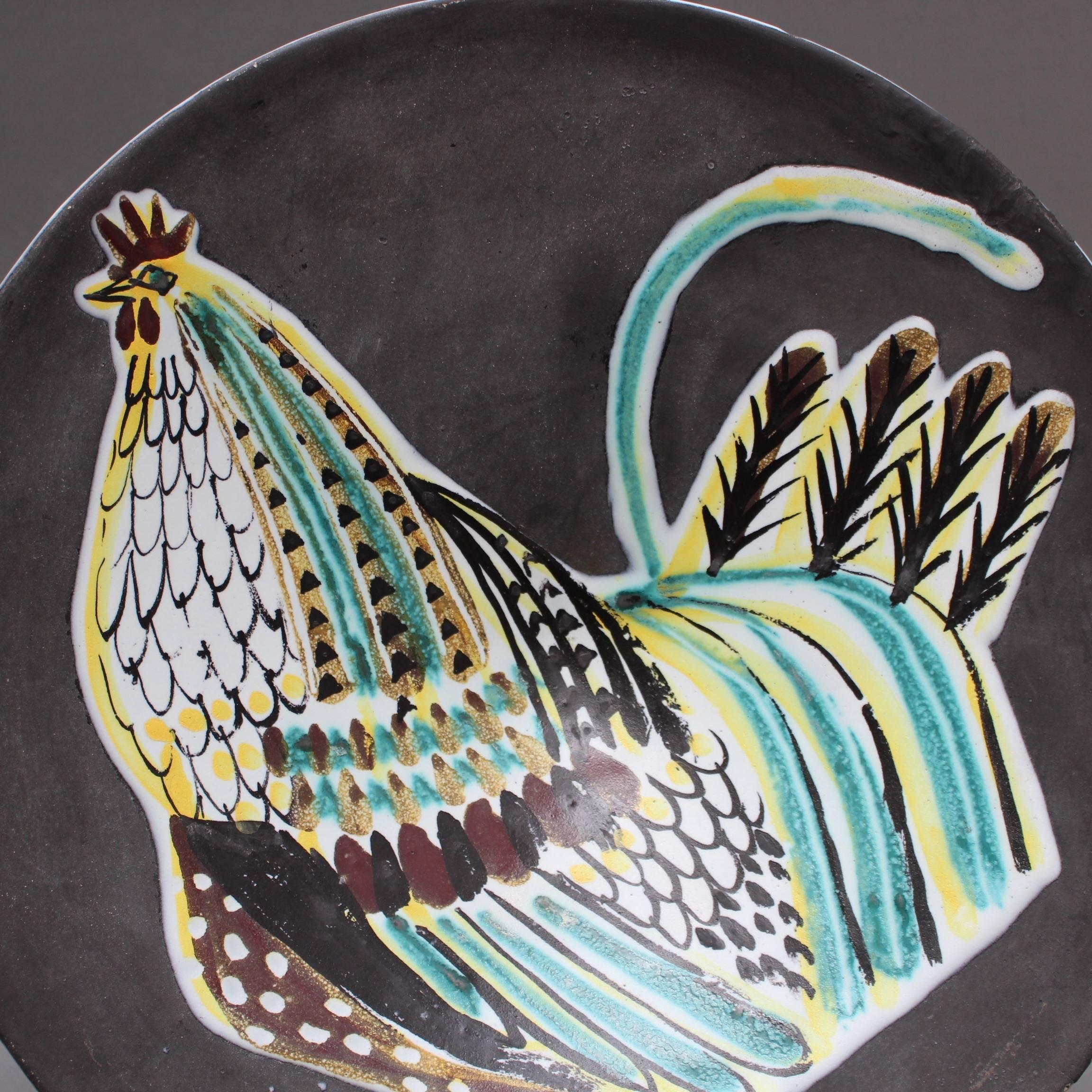 Mid-Century Modern Midcentury Black Ceramic Coq Plate by Roger Capron Vallauris, 1950s