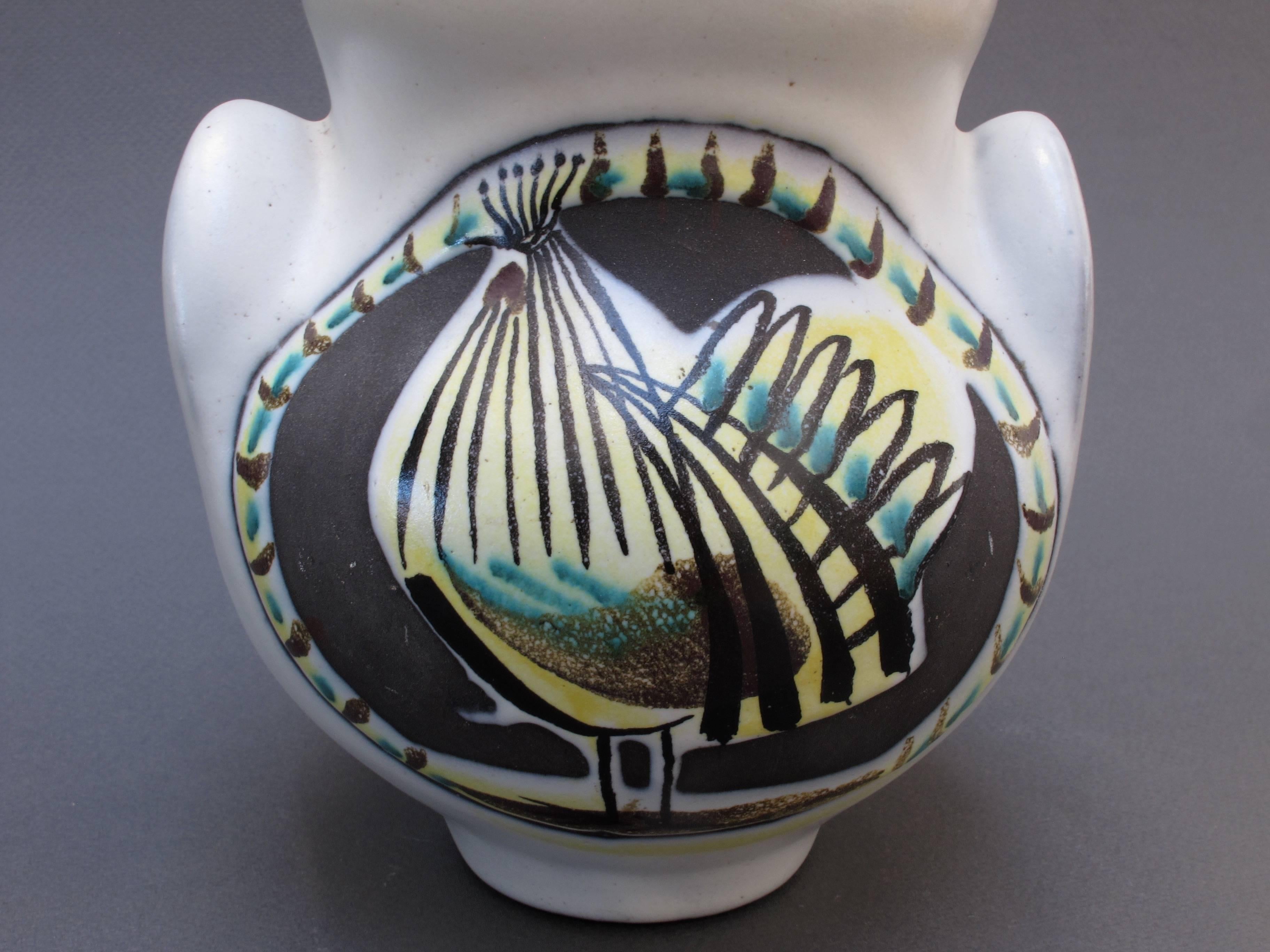Mid-20th Century Ceramic 'Eared' Vase ‘Vase à Oreilles’ with Rooster by Roger Capron, 1950s