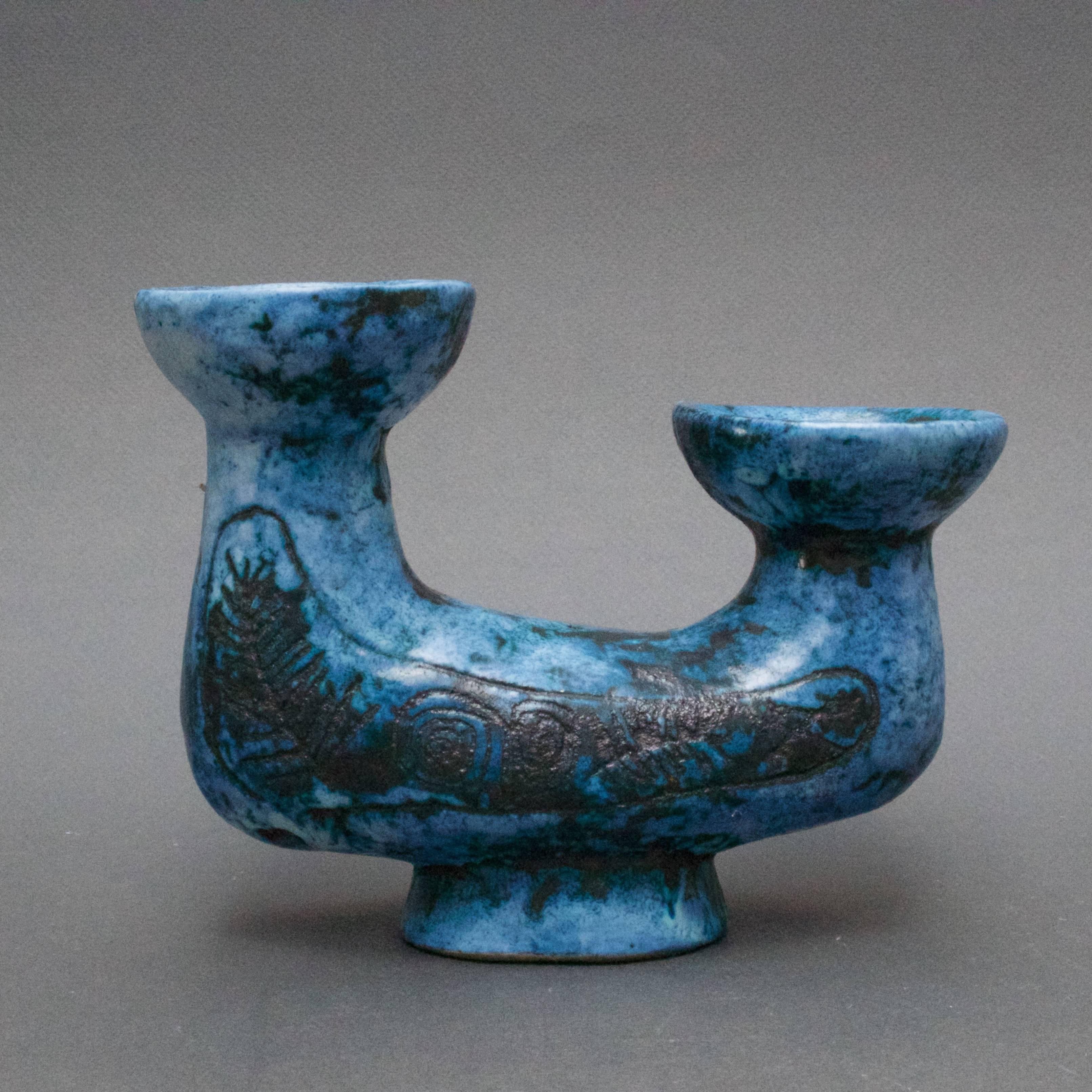 Pair of Ceramic Blue Candle Holders by Jacques Blin, Vallauris, circa 1950s 2