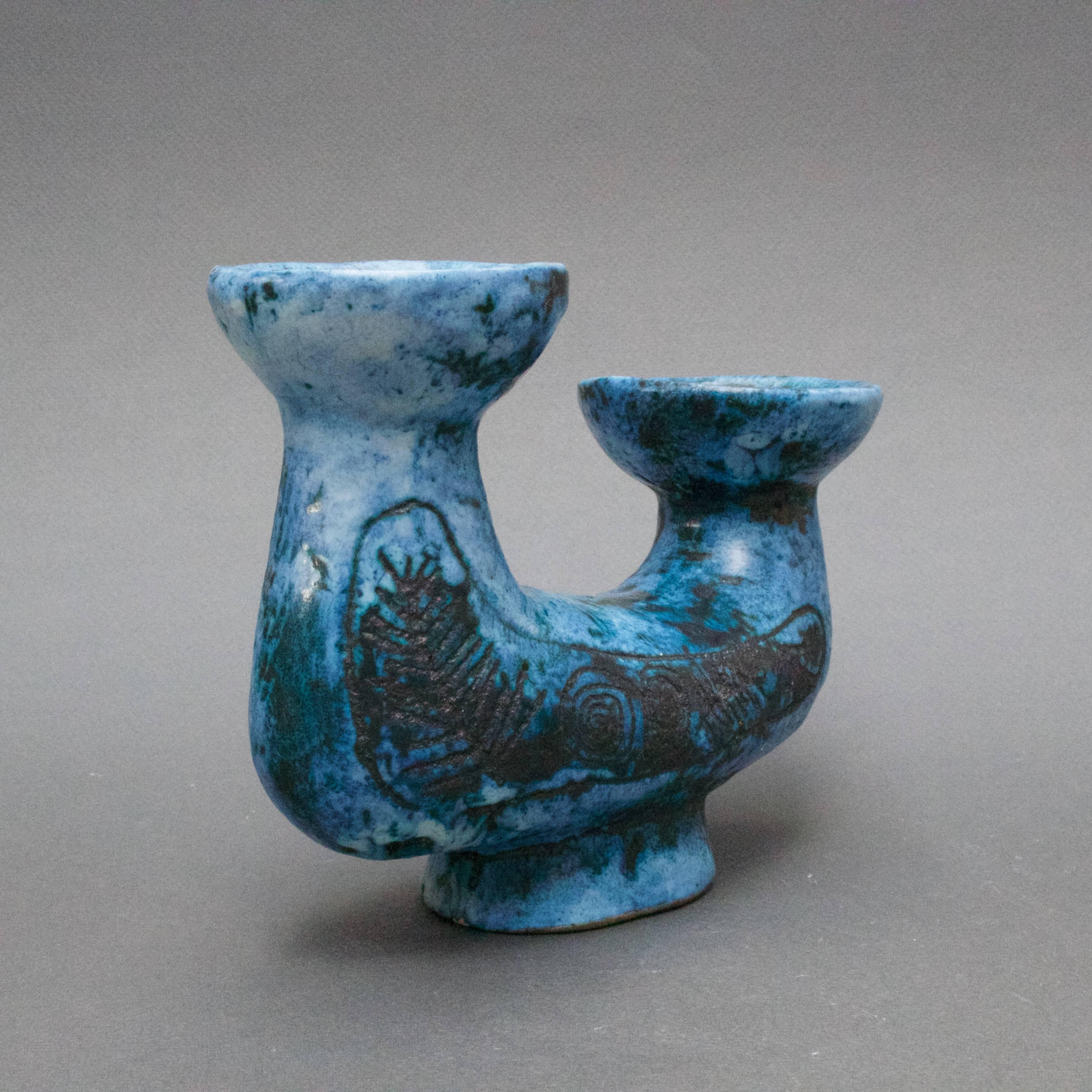 Pair of Ceramic Blue Candle Holders by Jacques Blin, Vallauris, circa 1950s 3