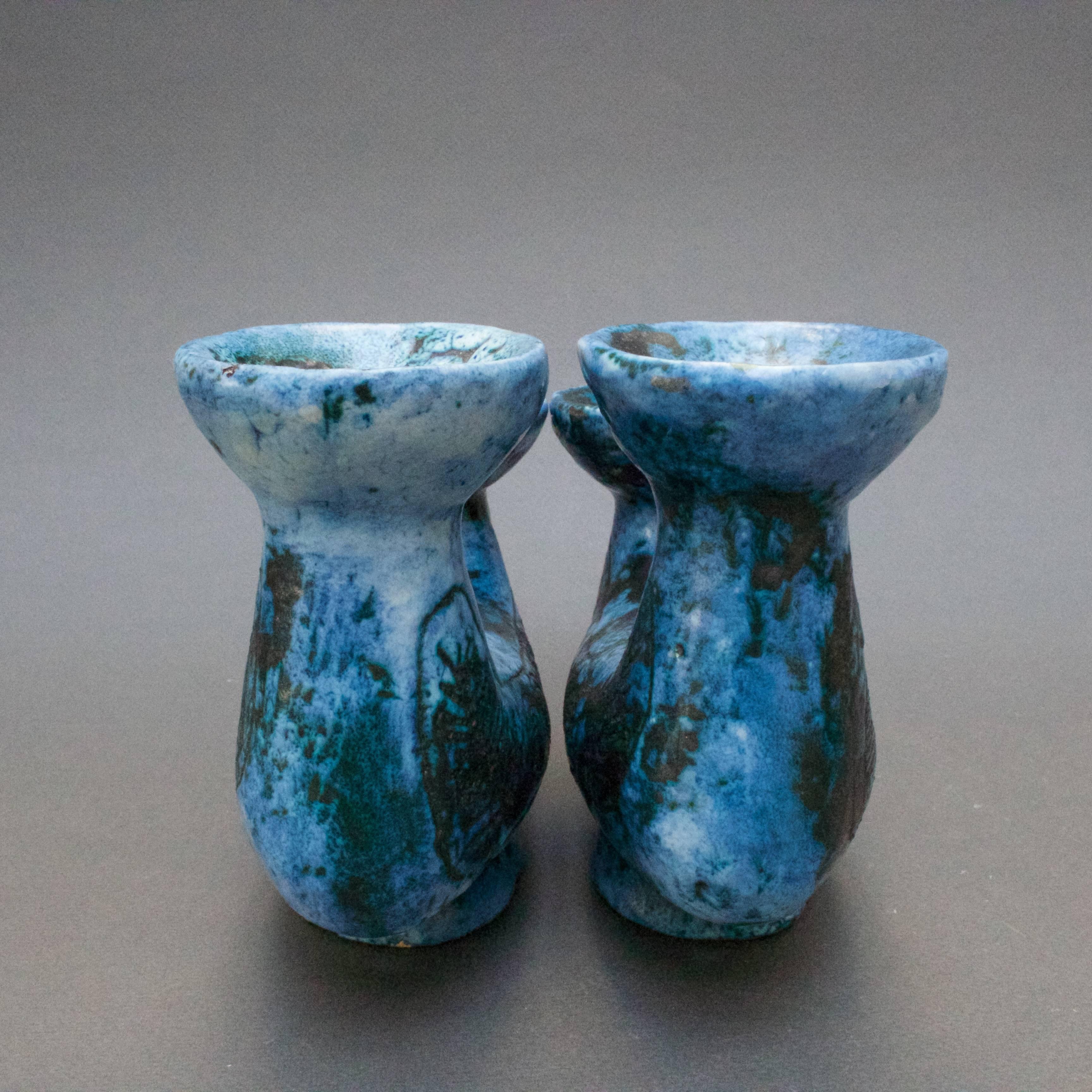 French Pair of Ceramic Blue Candle Holders by Jacques Blin, Vallauris, circa 1950s