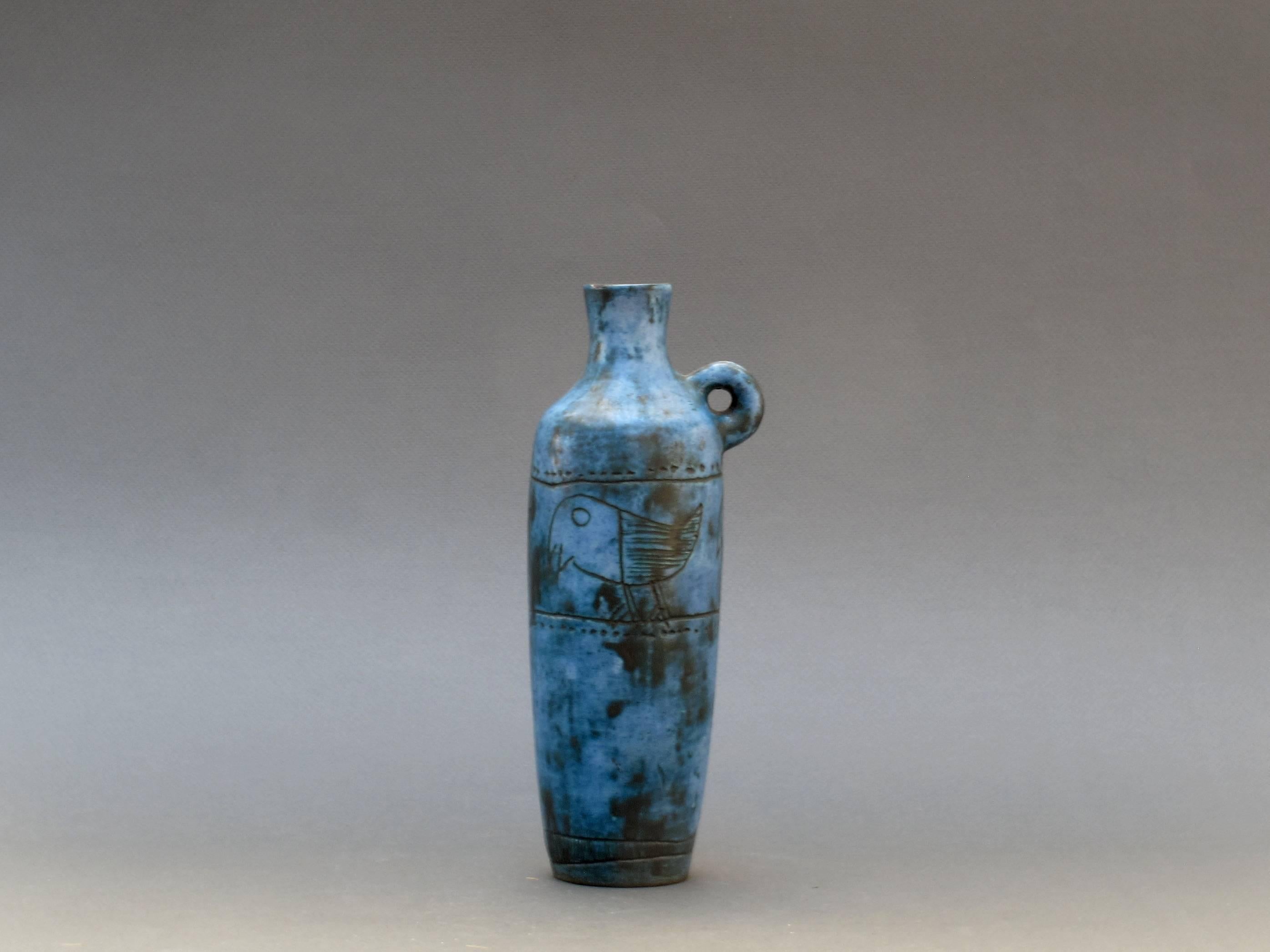 French Mid-Century Blue Ceramic Vase by Jacques Blin, Vallauris, France, circa 1950s