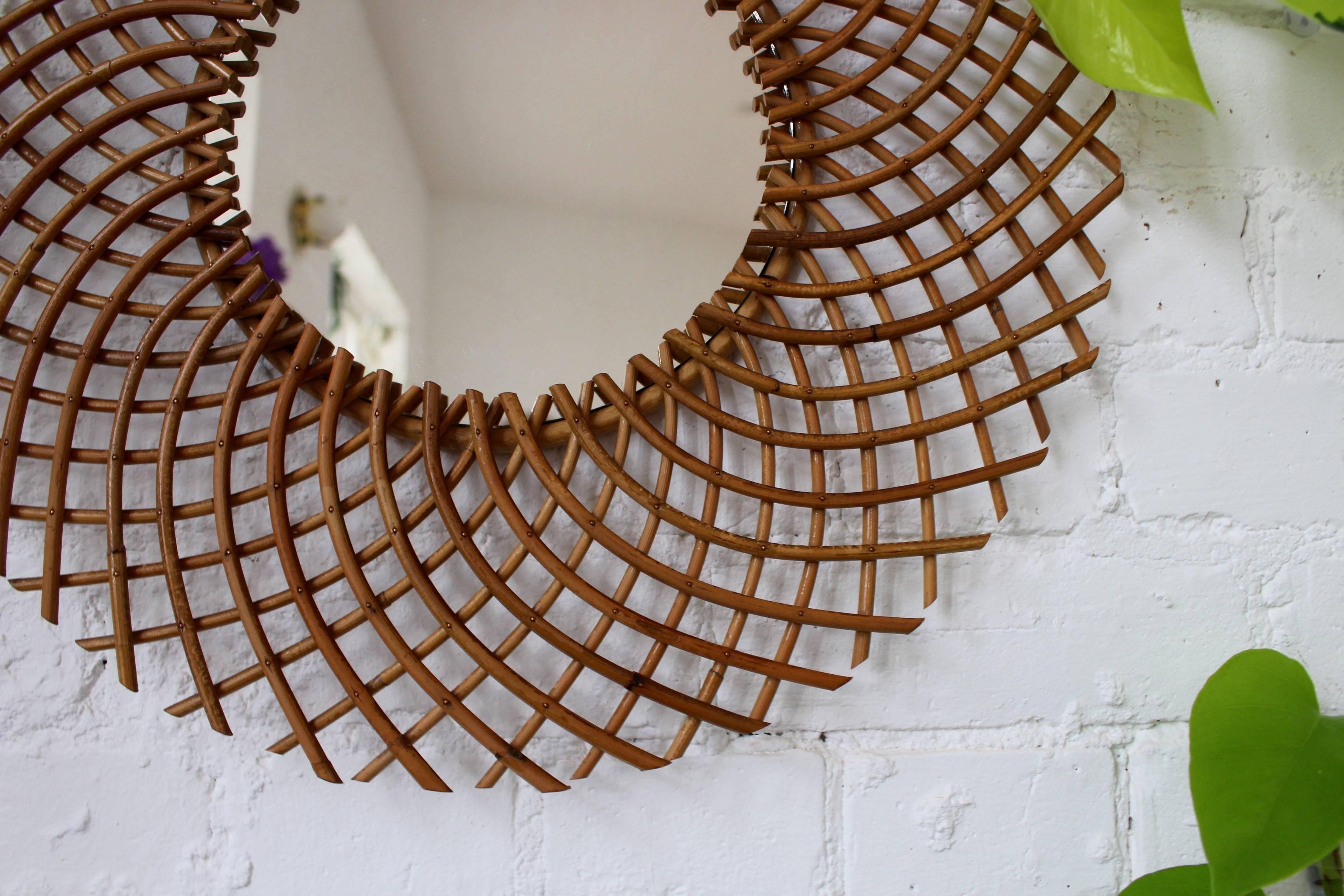 Mid-20th Century Mid-Century French Rattan Sunburst Mirror by Art Vannerie RR