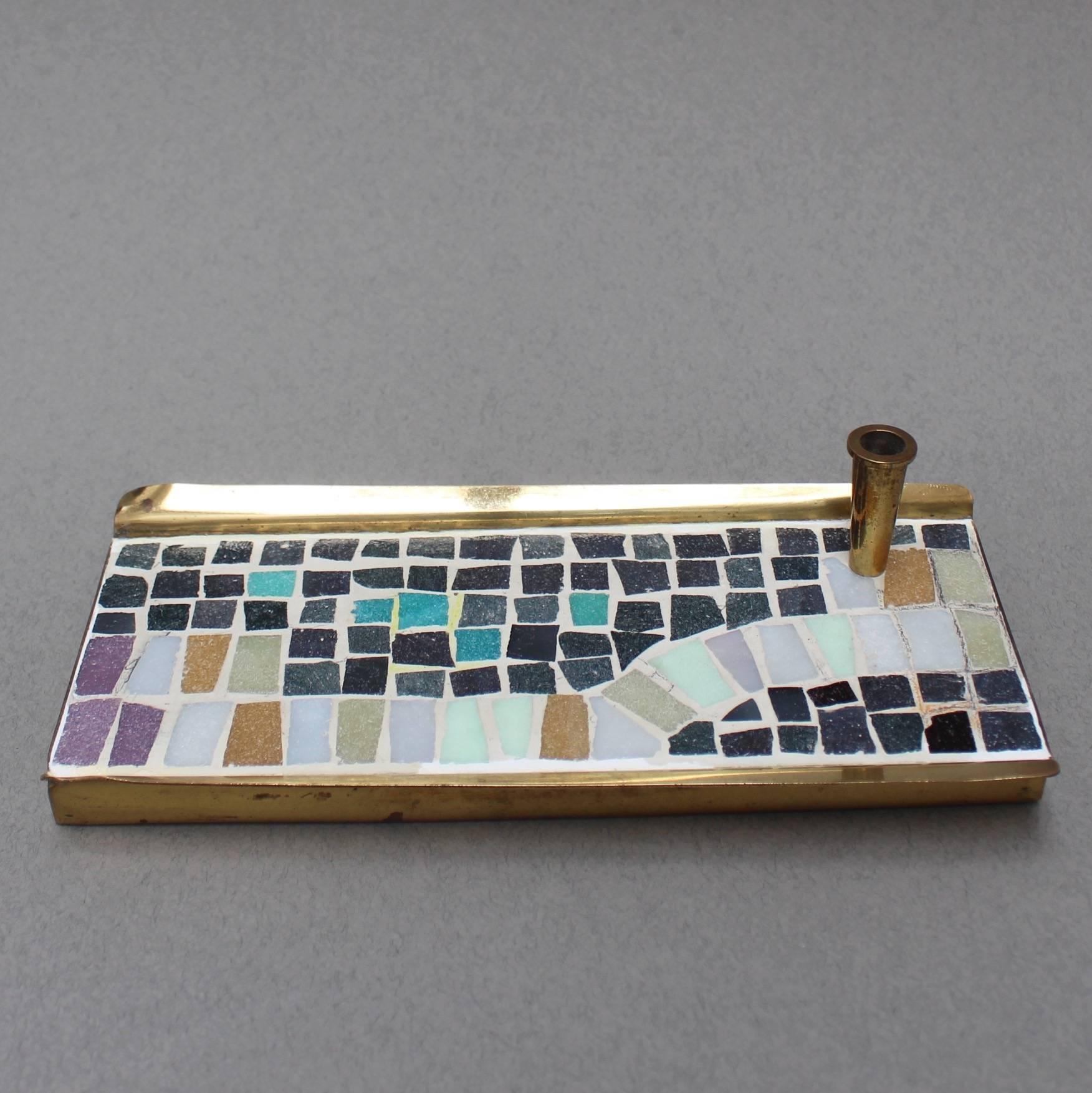 Mid-20th Century Midcentury Brass and Mosaic Ceramic Tiled Desk Accessories Set, Circa 1960s